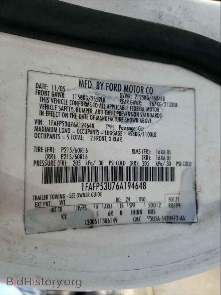 2006 FORD TAURUS - VIN: 1FAFP53U76A194648 - Фото 10