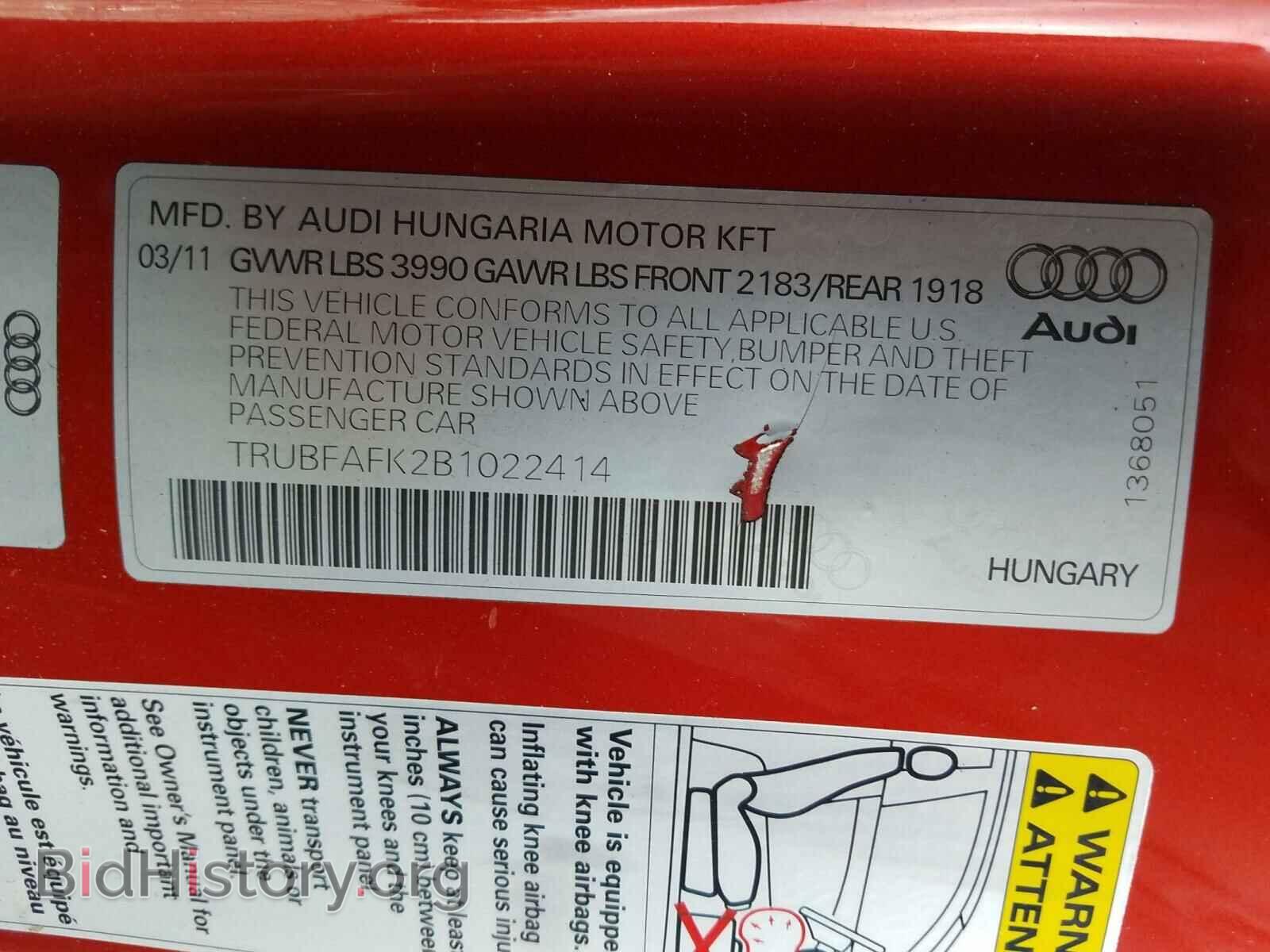 2011 AUDI TT - VIN: TRUBFAFK2B1022414 - Photo 10