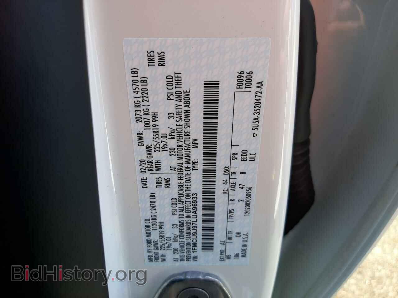 2020 FORD ESCAPE - VIN: 1FMCU9J97LUA96933 - Фото 10
