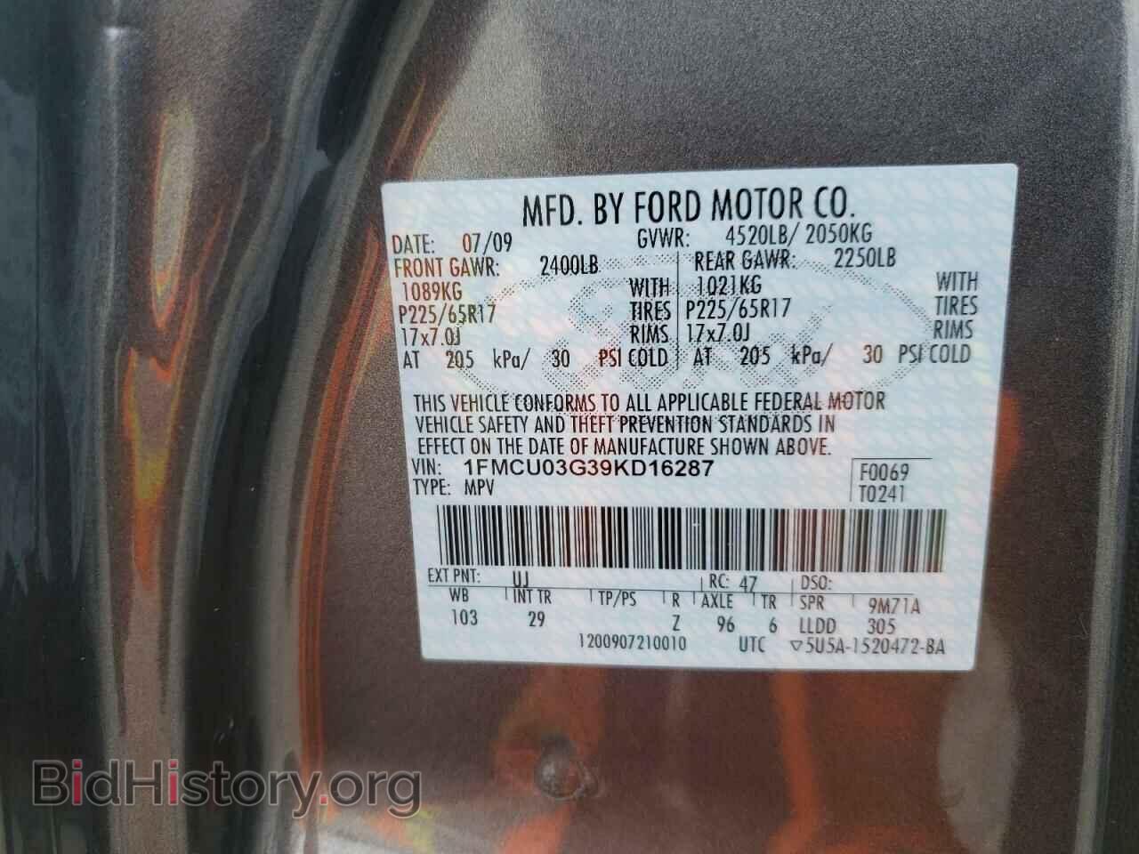 2009 FORD ESCAPE - VIN: 1FMCU03G39KD16287 - Фото 10