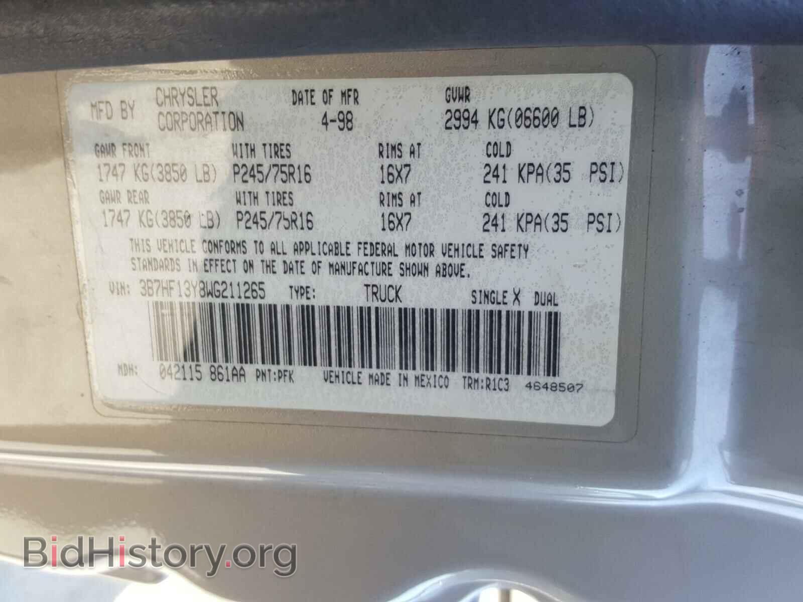 1998 DODGE RAM 1500 - VIN: 3B7HF13Y8WG211265 - Фото 10