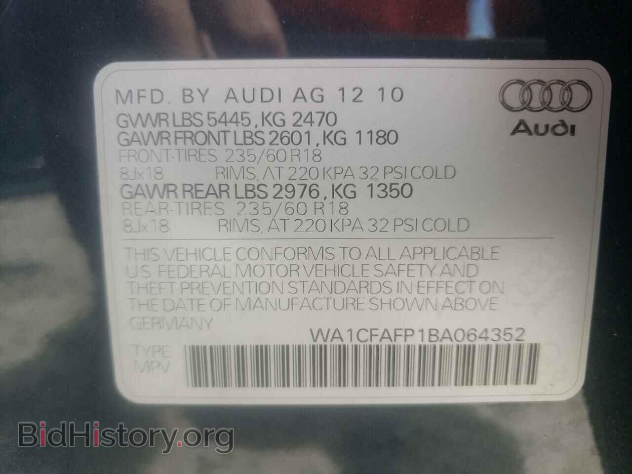 2011 AUDI Q5 - VIN: WA1CFAFP1BA064352 - Фото 10