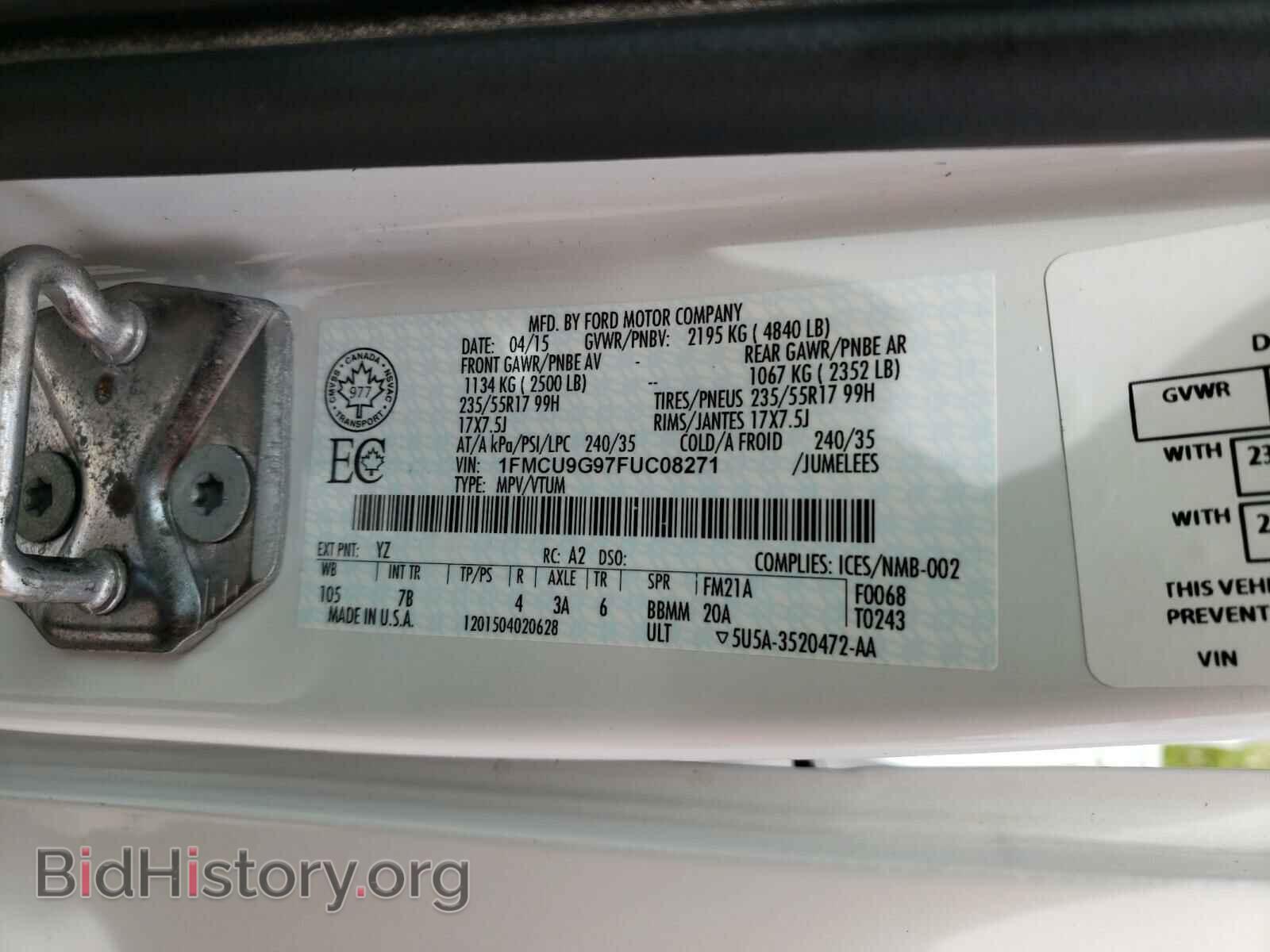 2015 FORD ESCAPE - VIN: 1FMCU9G97FUC08271 - Фото 10