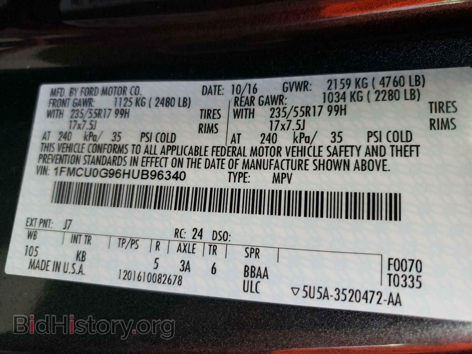 2017 FORD ESCAPE - VIN: 1FMCU0G96HUB96340 - Фото 10