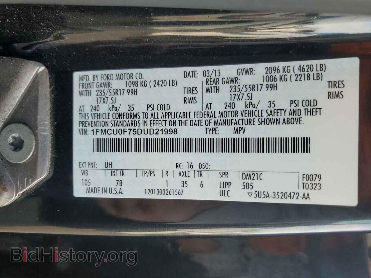 2013 FORD ESCAPE - VIN: 1FMCU0F75DUD21998 - Фото 14
