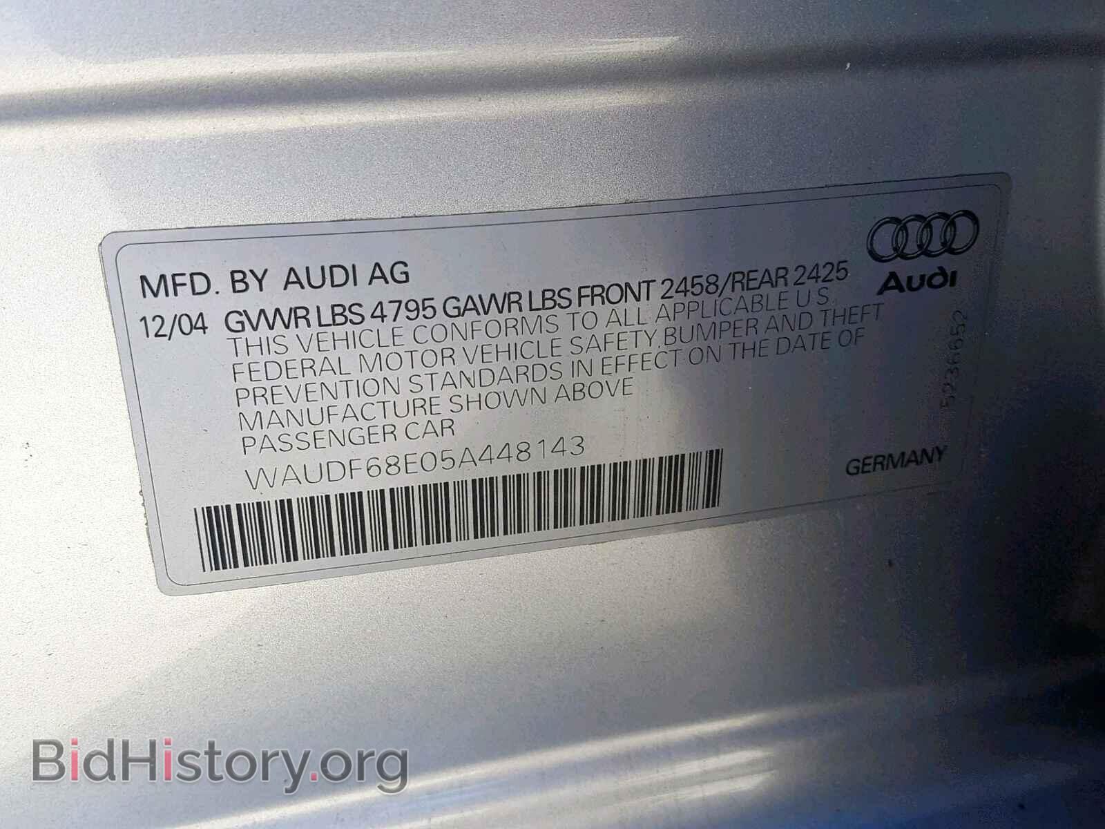 2005 AUDI A4 - VIN: WAUDF68E05A448143 - Фото 10