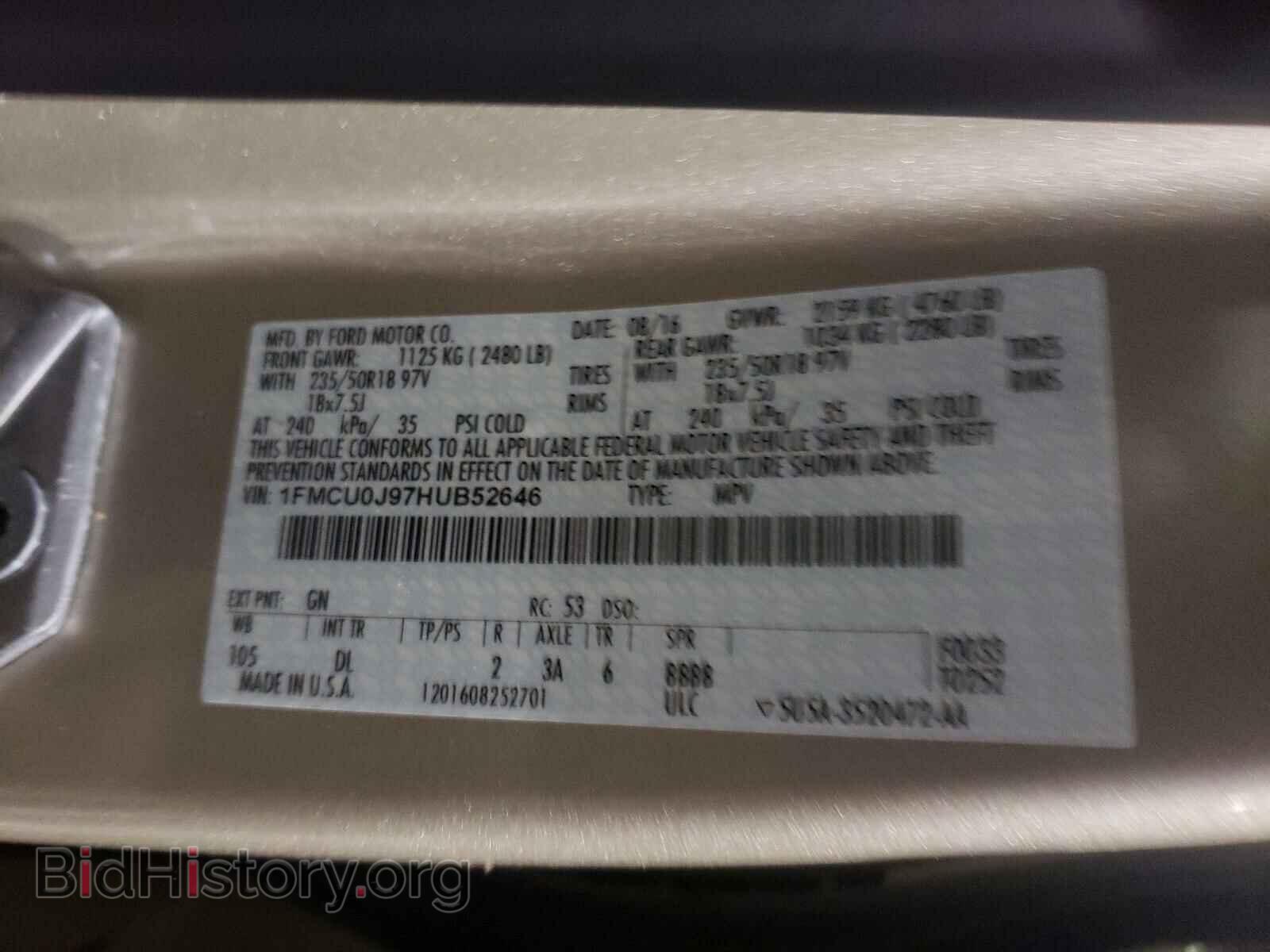2017 FORD ESCAPE - VIN: 1FMCU0J97HUB52646 - Фото 10