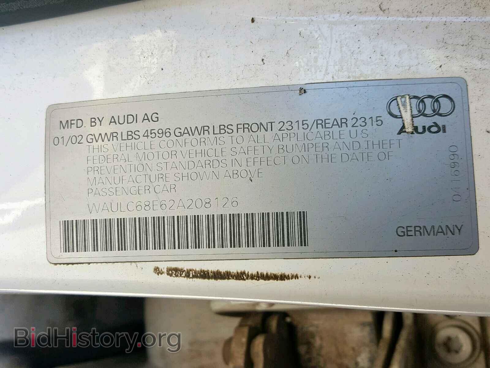 2002 AUDI A4 - VIN: WAULC68E62A208126 - Фото 10