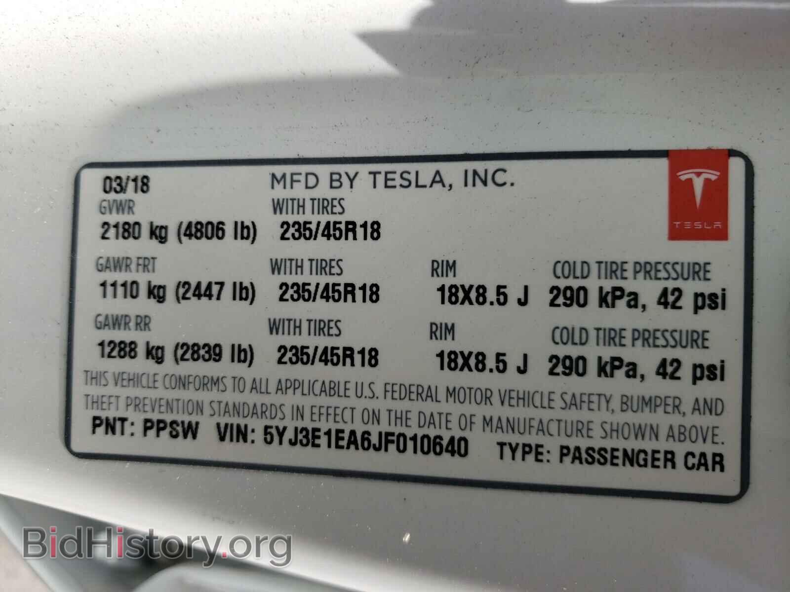 2018 TESLA MODEL 3 - VIN: 5YJ3E1EA6JF010640 - Фото 10