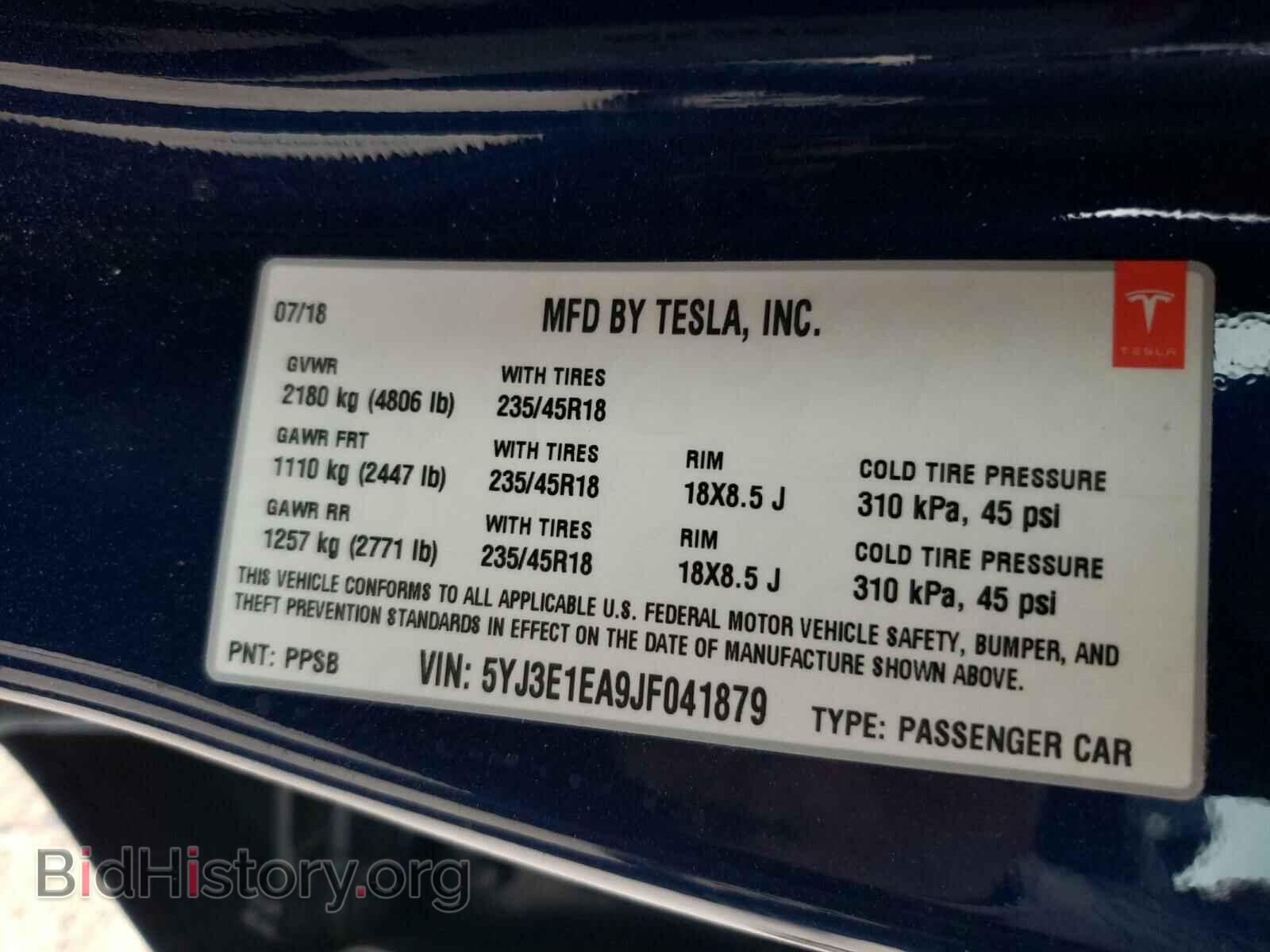 2018 TESLA MODEL 3 - VIN: 5YJ3E1EA9JF041879 - Фото 10