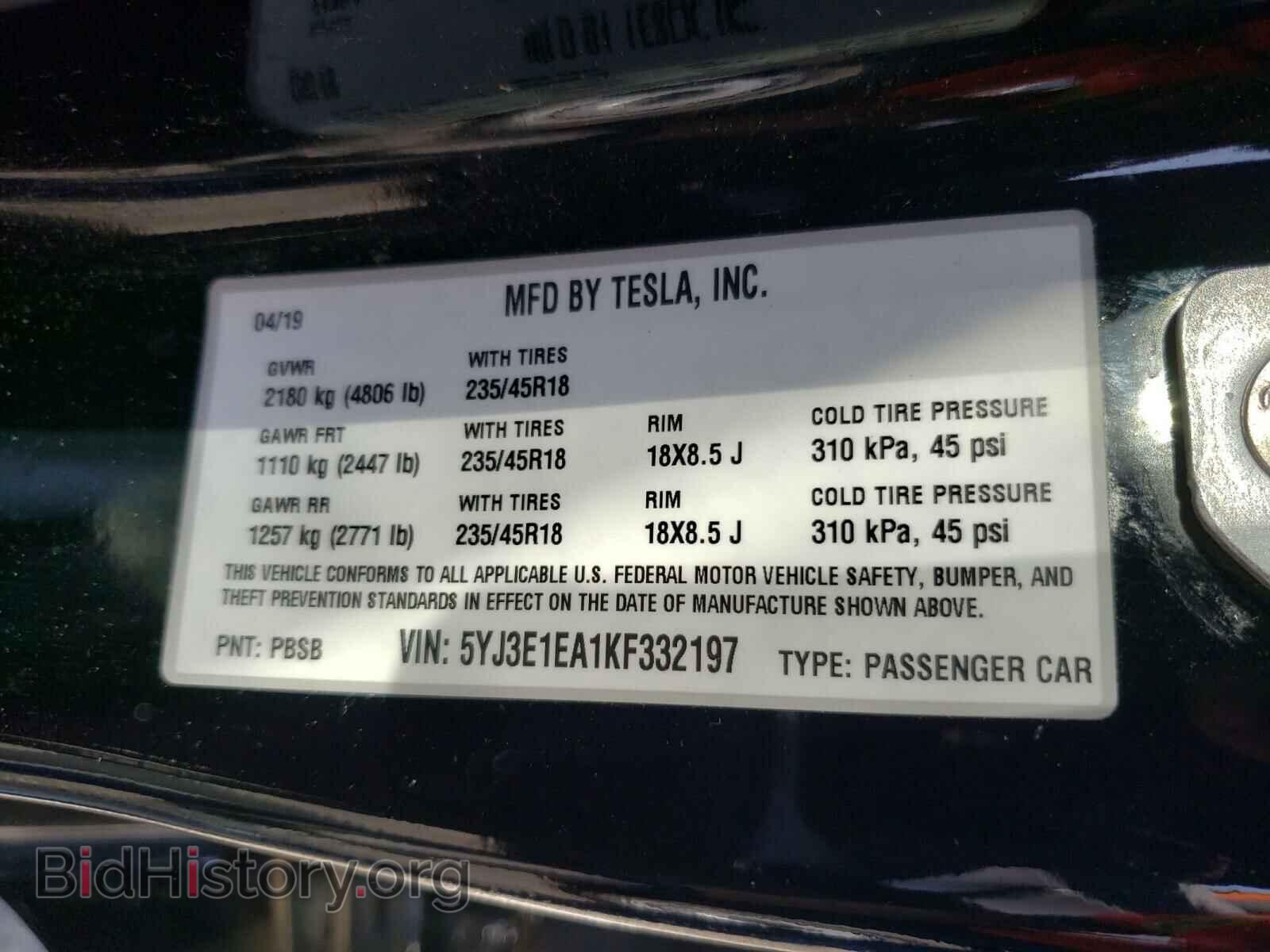 2019 TESLA MODEL 3 - VIN: 5YJ3E1EA1KF332197 - Фото 10