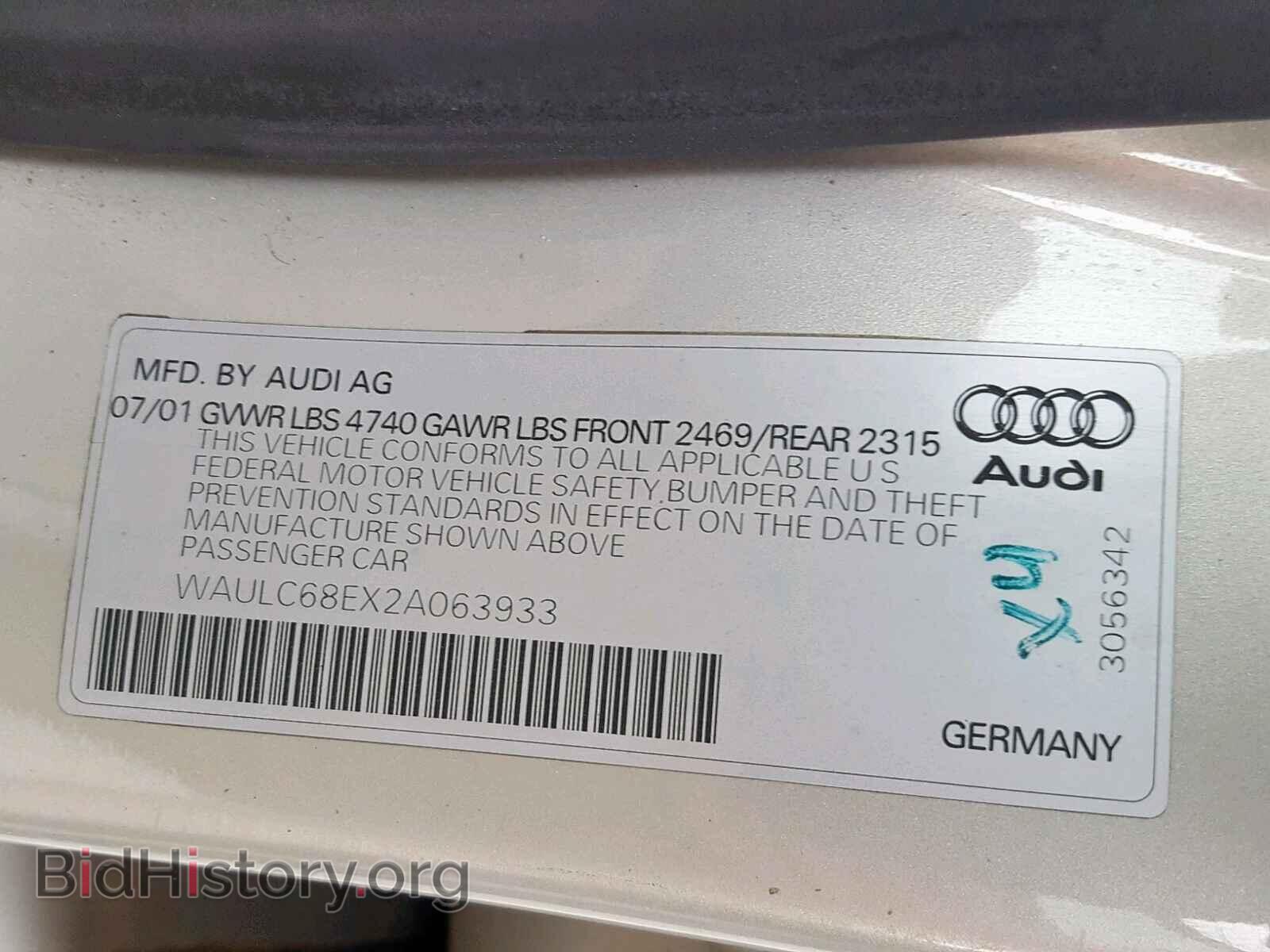 2002 AUDI A4 - VIN: WAULC68EX2A063933 - Фото 10