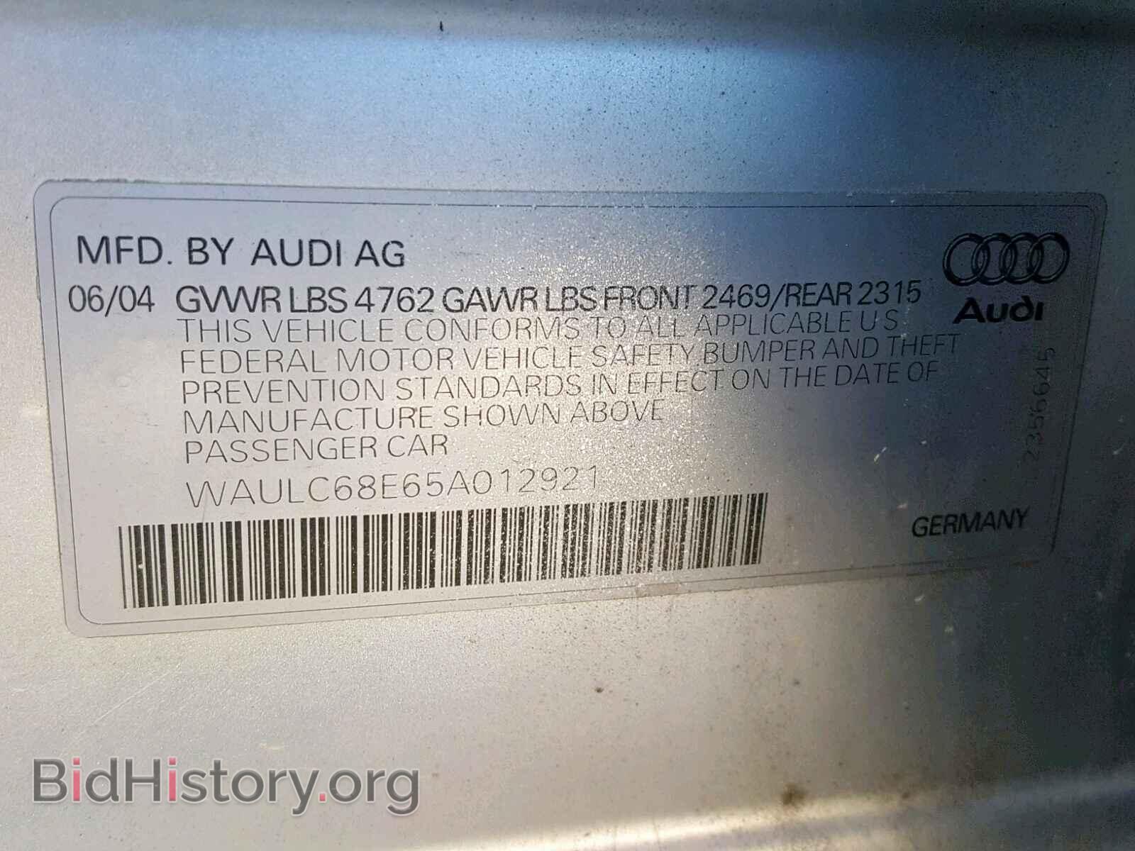 2005 AUDI A4 - VIN: WAULC68E65A012921 - Фото 10