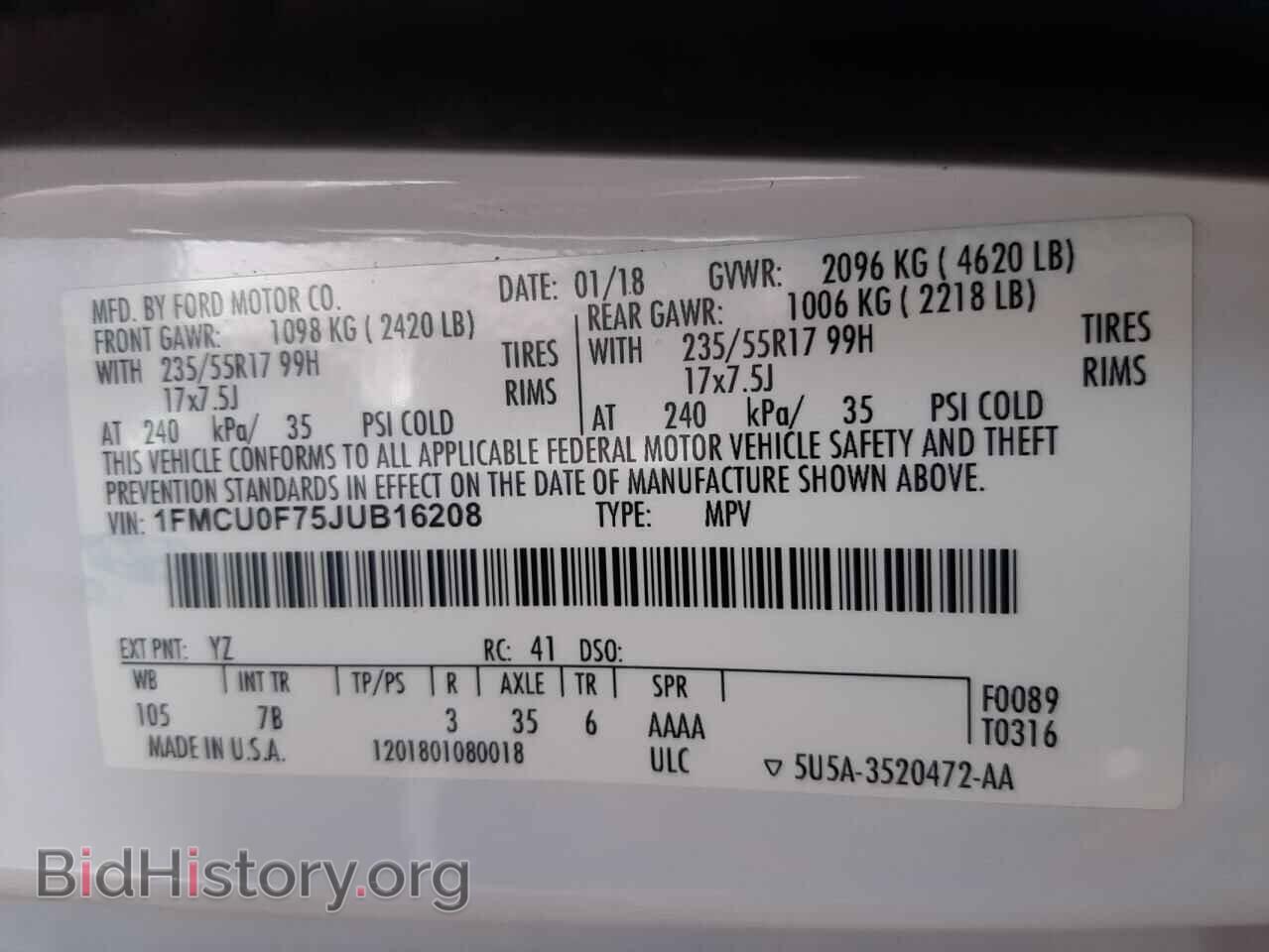 2018 FORD ESCAPE - VIN: 1FMCU0F75JUB16208 - Фото 10