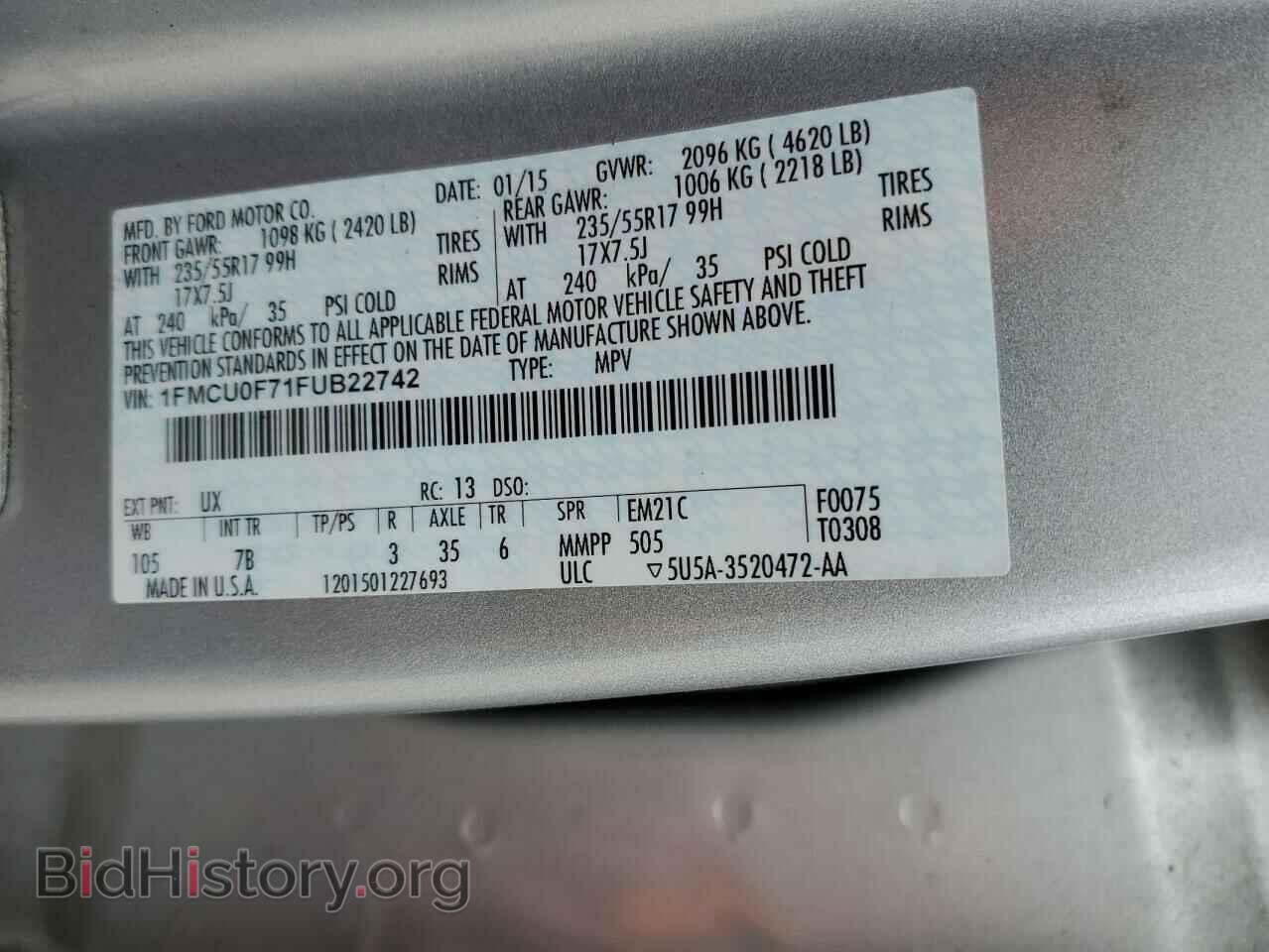 2015 FORD ESCAPE - VIN: 1FMCU0F71FUB22742 - Фото 12