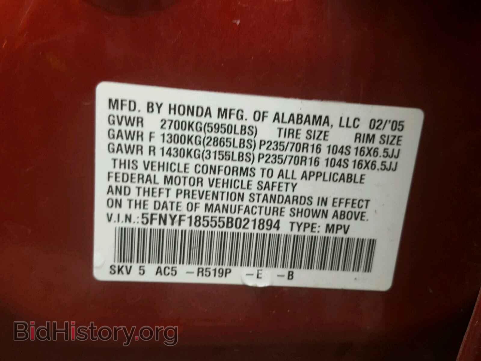 2005 HONDA PILOT - VIN: 5FNYF18555B021894 - Фото 10