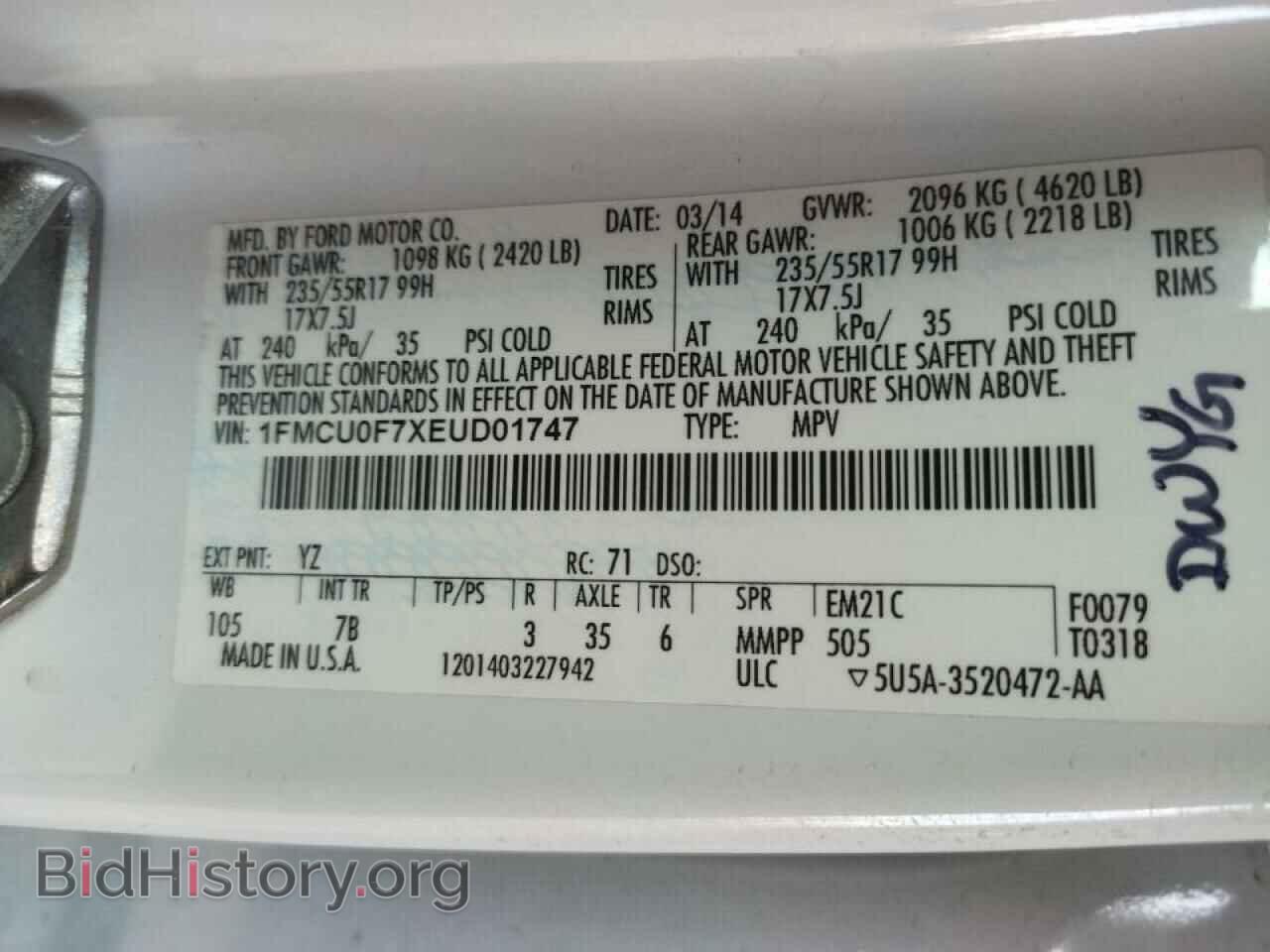 2014 FORD ESCAPE - VIN: 1FMCU0F7XEUD01747 - Фото 10