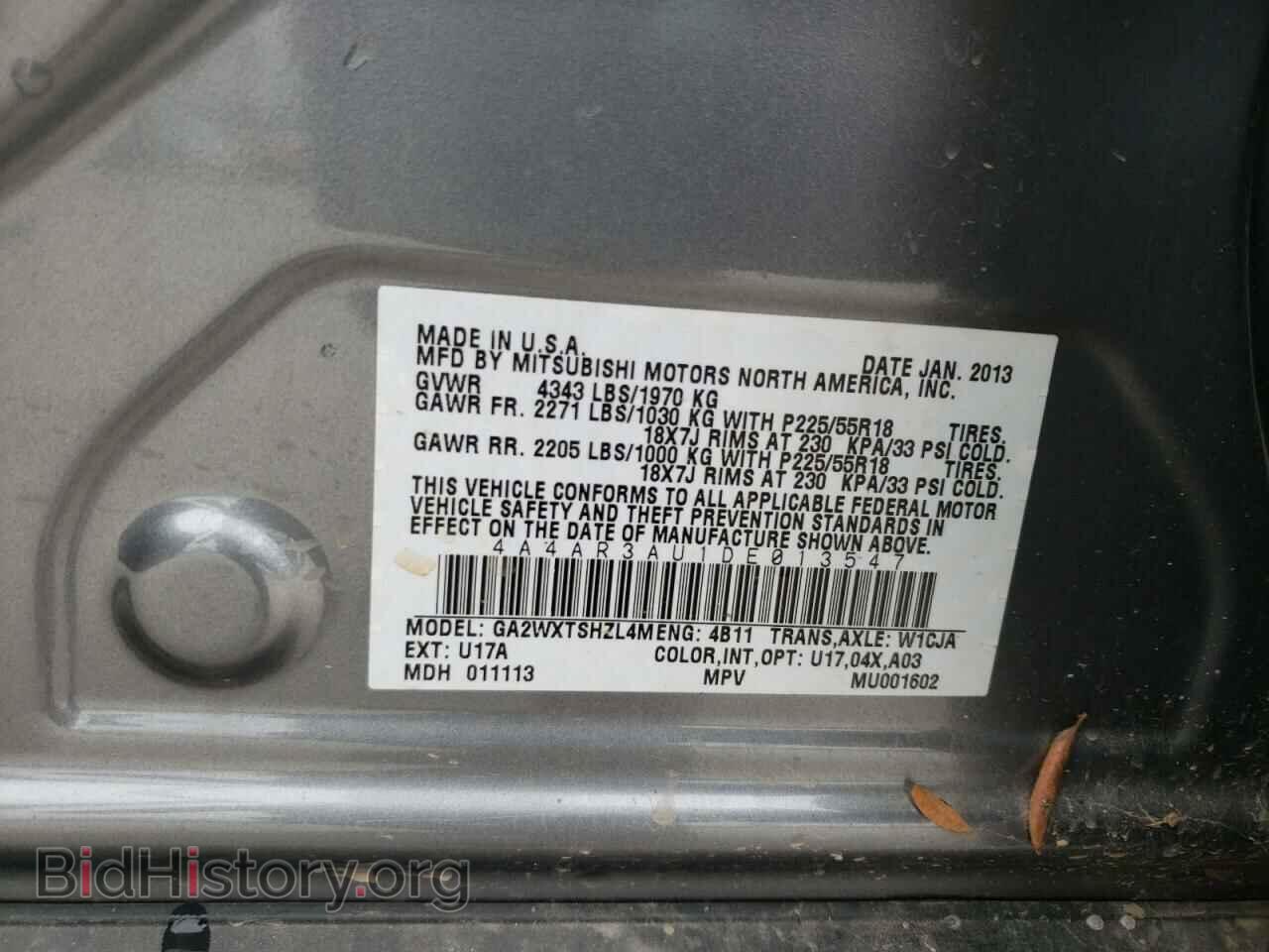 2013 MITSUBISHI OUTLANDER - VIN: 4A4AR3AU1DE013547 - Фото 13