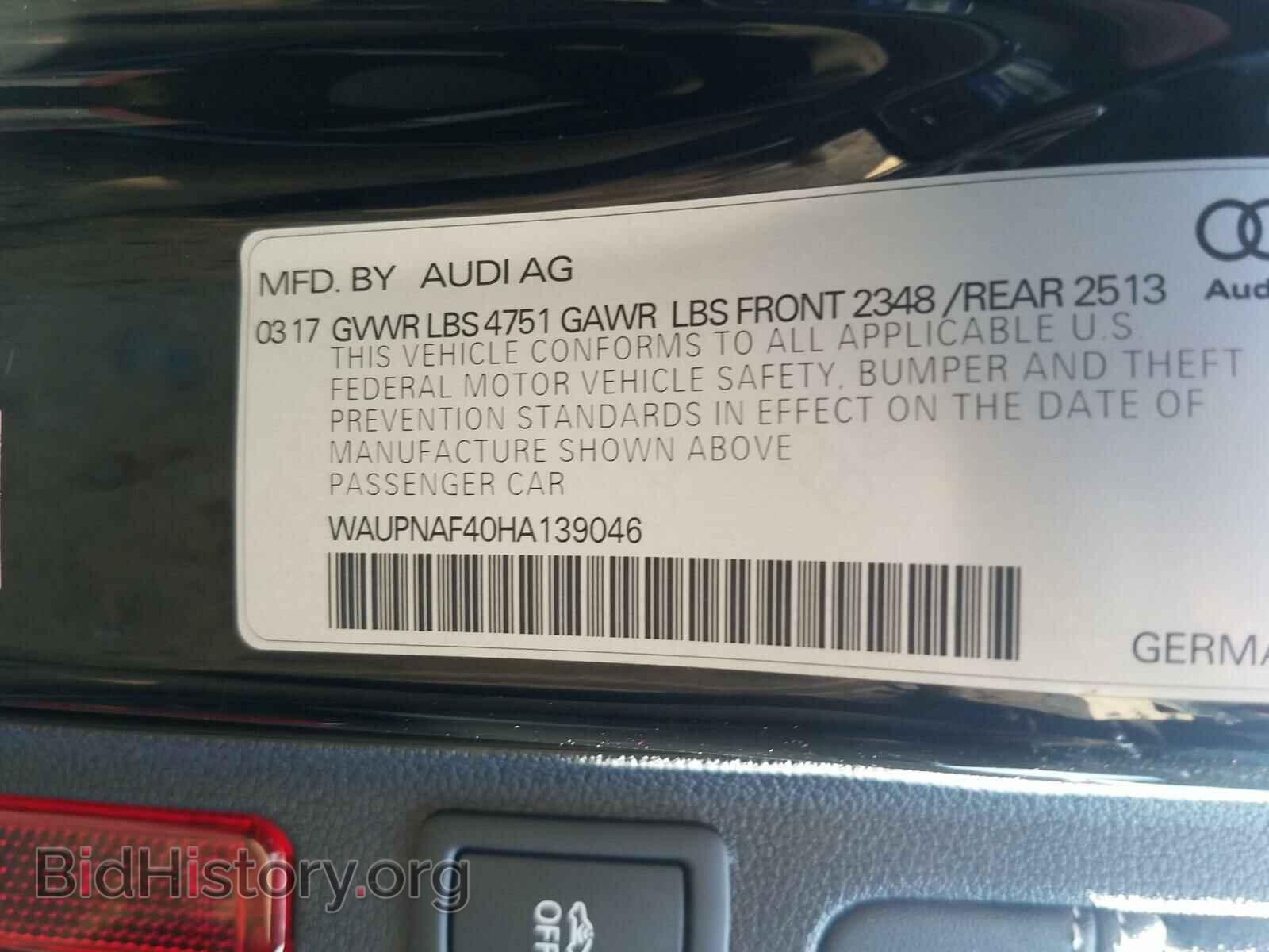2017 AUDI A4 - VIN: WAUPNAF40HA139046 - Фото 10