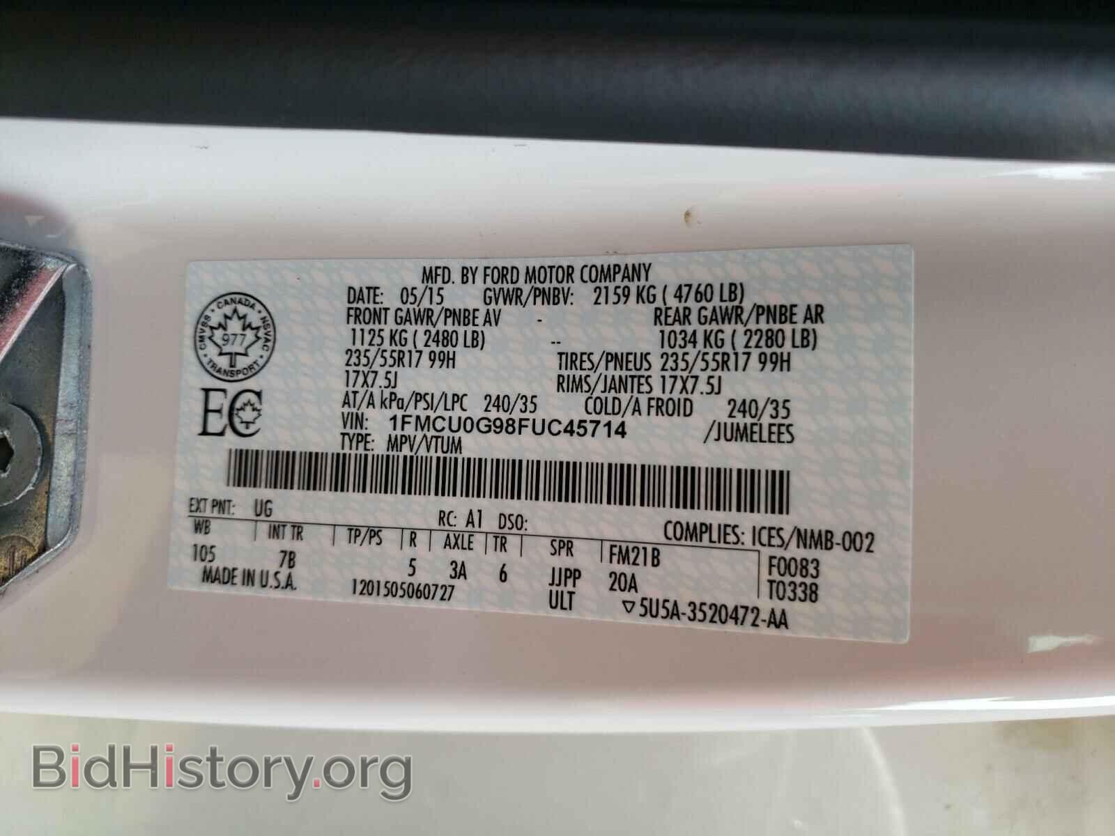 2015 FORD ESCAPE - VIN: 1FMCU0G98FUC45714 - Фото 10