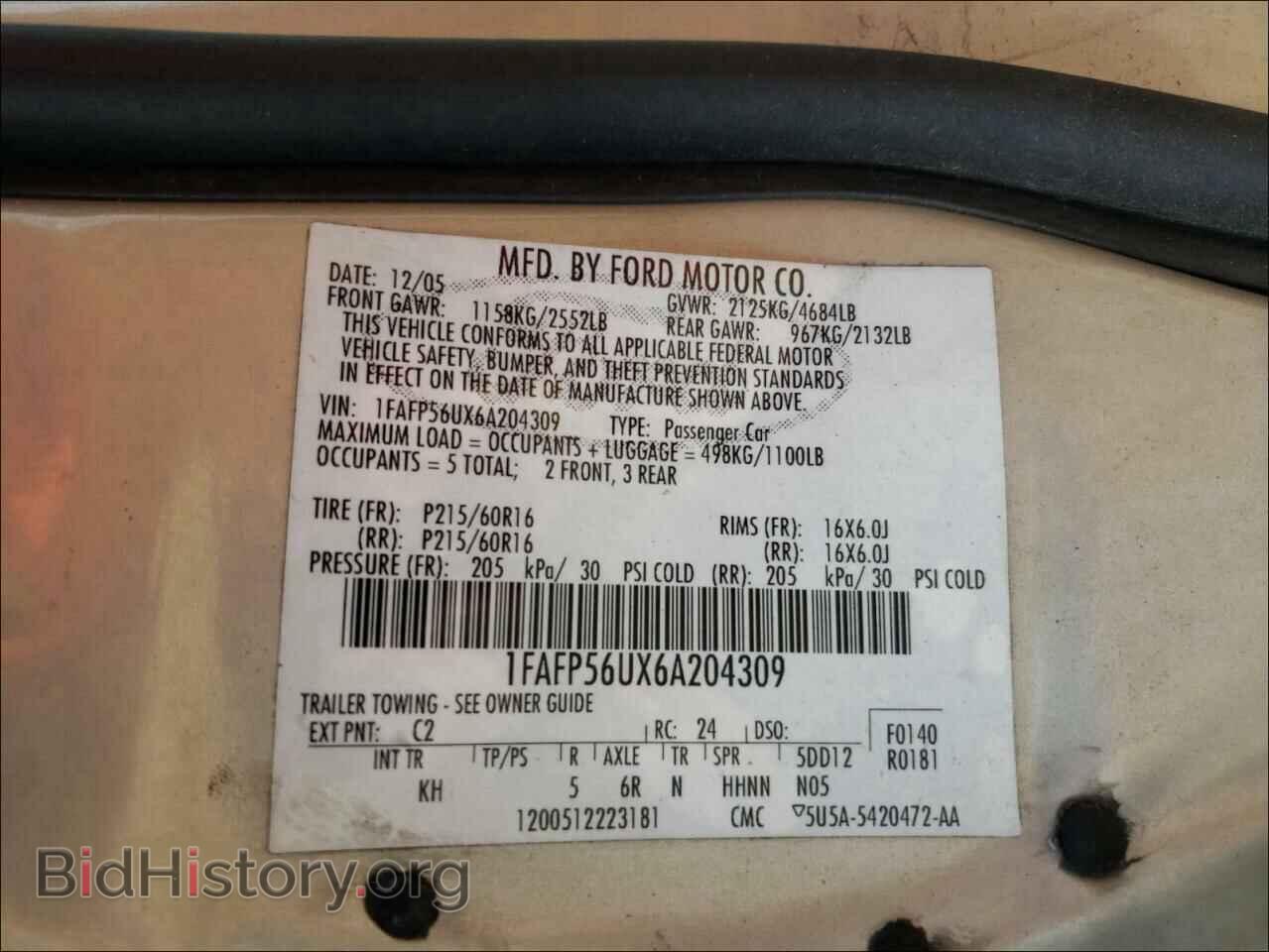 2006 FORD TAURUS - VIN: 1FAFP56UX6A204309 - Фото 10