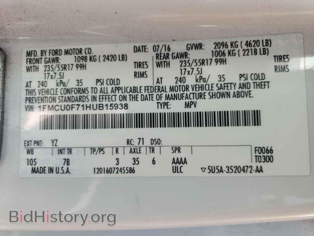 2017 FORD ESCAPE - VIN: 1FMCU0F71HUB15938 - Фото 10