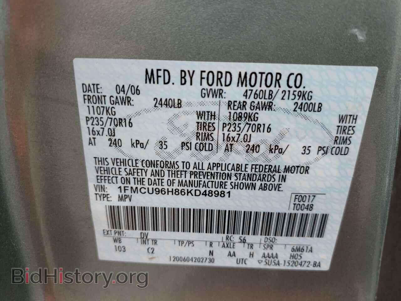 2006 FORD ESCAPE - VIN: 1FMCU96H86KD48981 - Фото 10