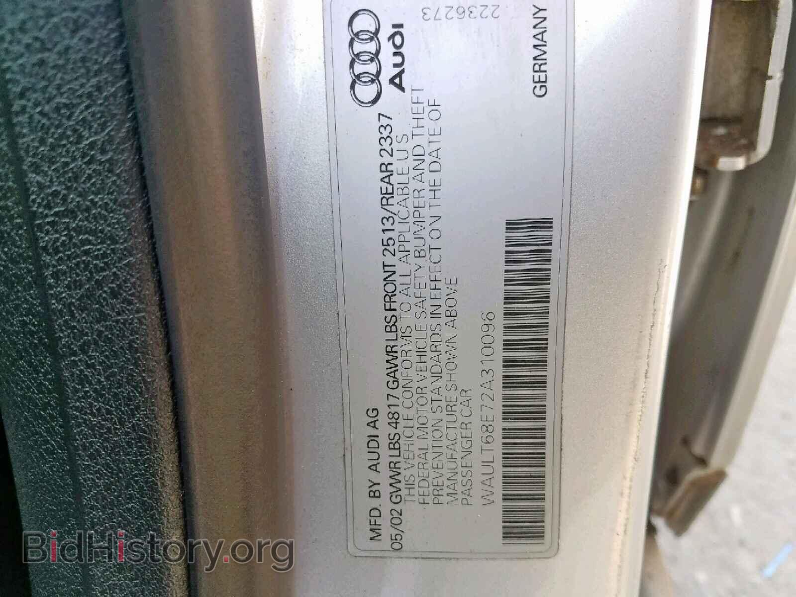 2002 AUDI A4 - VIN: WAULT68E72A310096 - Photo 10