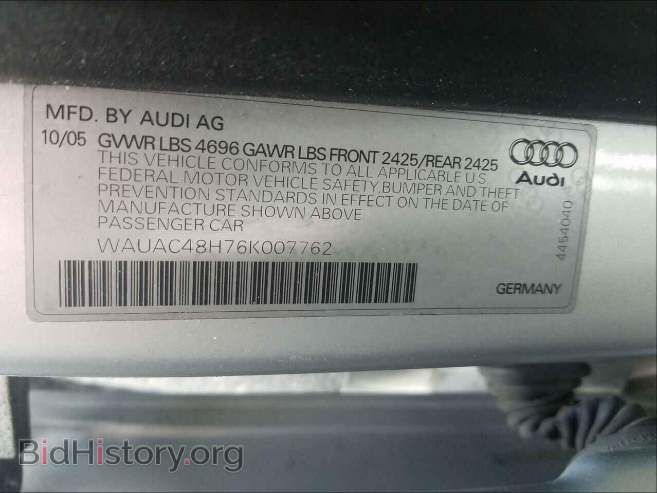 2006 AUDI A4 - VIN: WAUAC48H76K007762 - Фото 10
