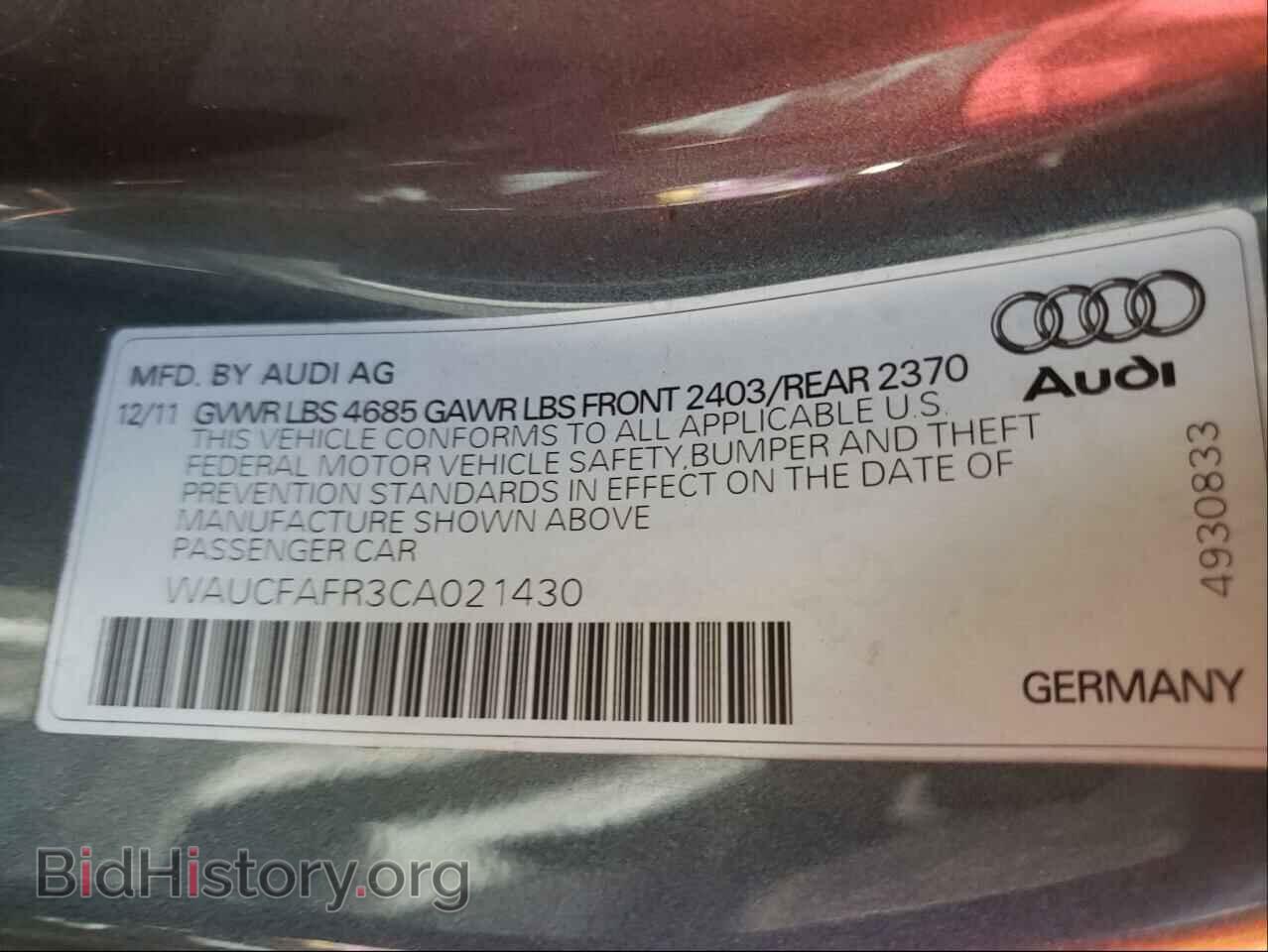 2012 AUDI A5 - VIN: WAUCFAFR3CA021430 - Фото 10