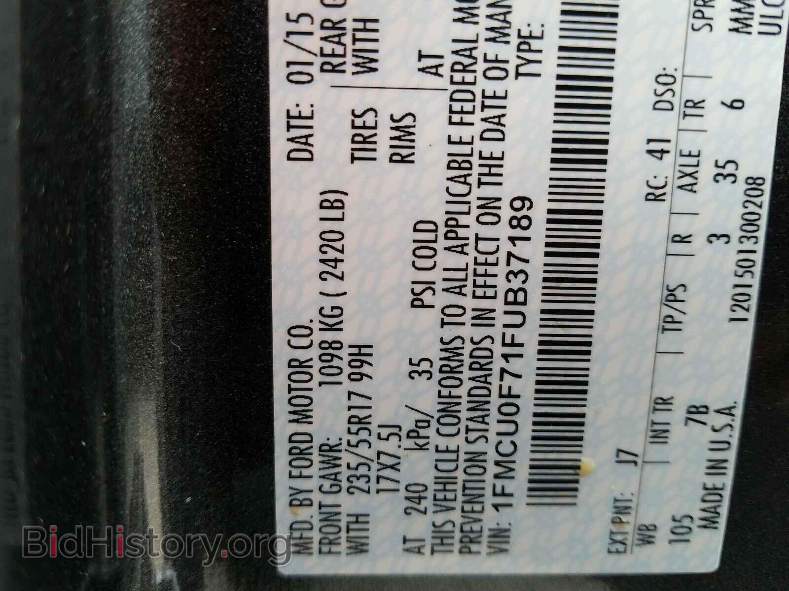 2015 FORD ESCAPE - VIN: 1FMCU0F71FUB37189 - Фото 10