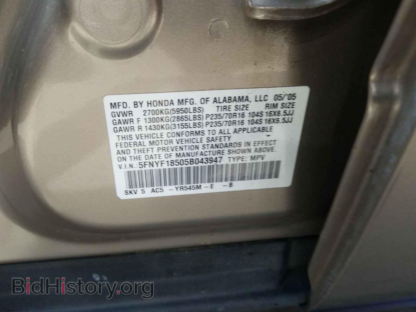2005 HONDA PILOT - VIN: 5FNYF18505B043947 - Фото 10