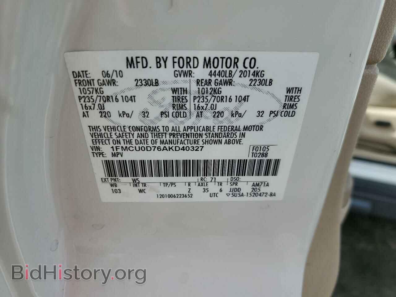 2010 FORD ESCAPE - VIN: 1FMCU0D76AKD40327 - Photo 13