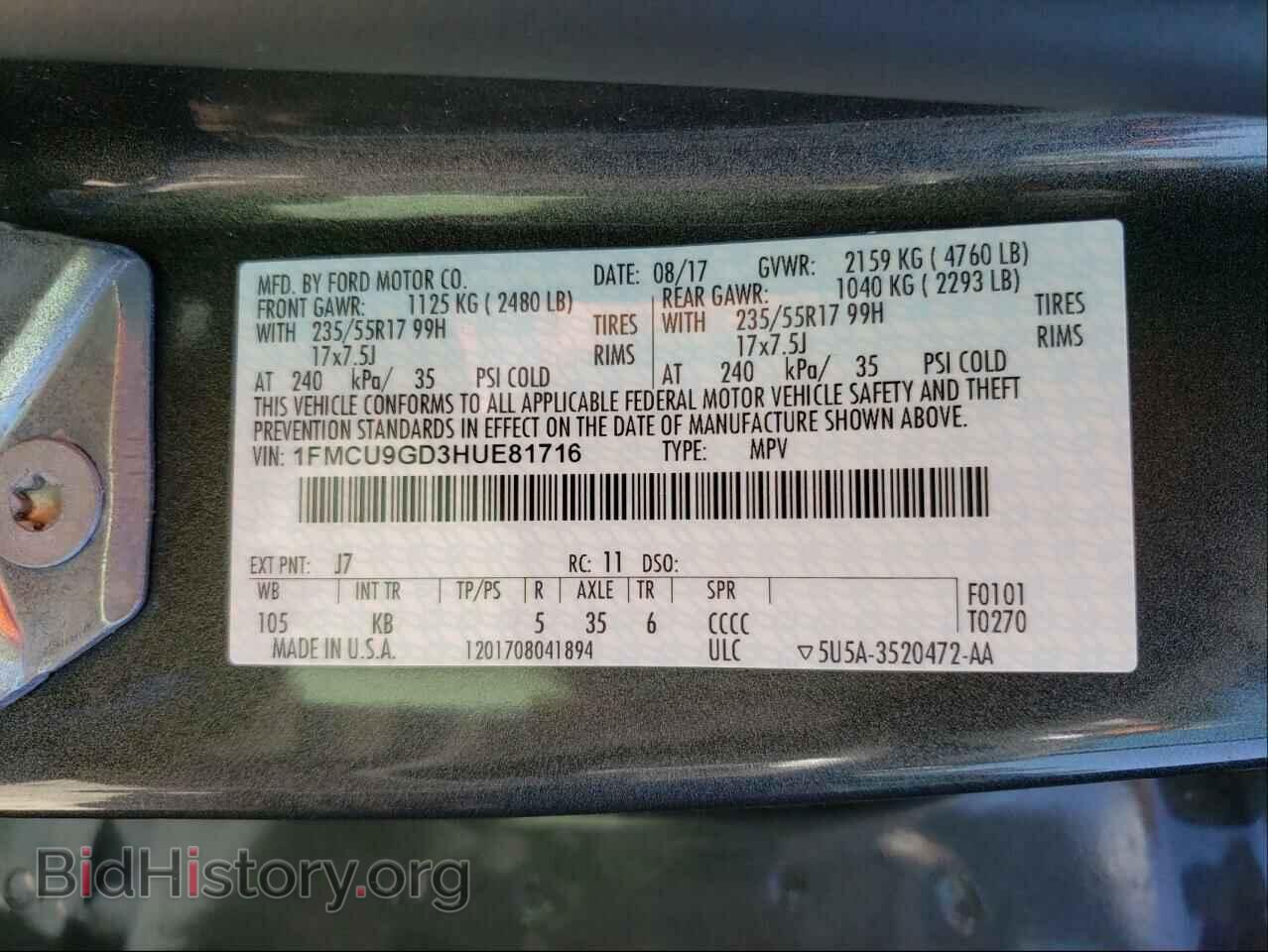 2017 FORD ESCAPE - VIN: 1FMCU9GD3HUE81716 - Фото 10