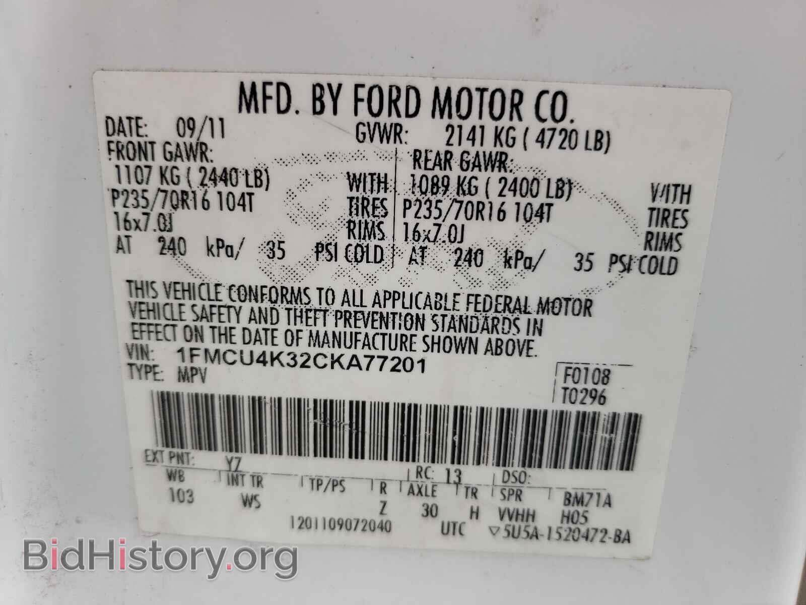 2012 FORD ESCAPE - VIN: 1FMCU4K32CKA77201 - Фото 10