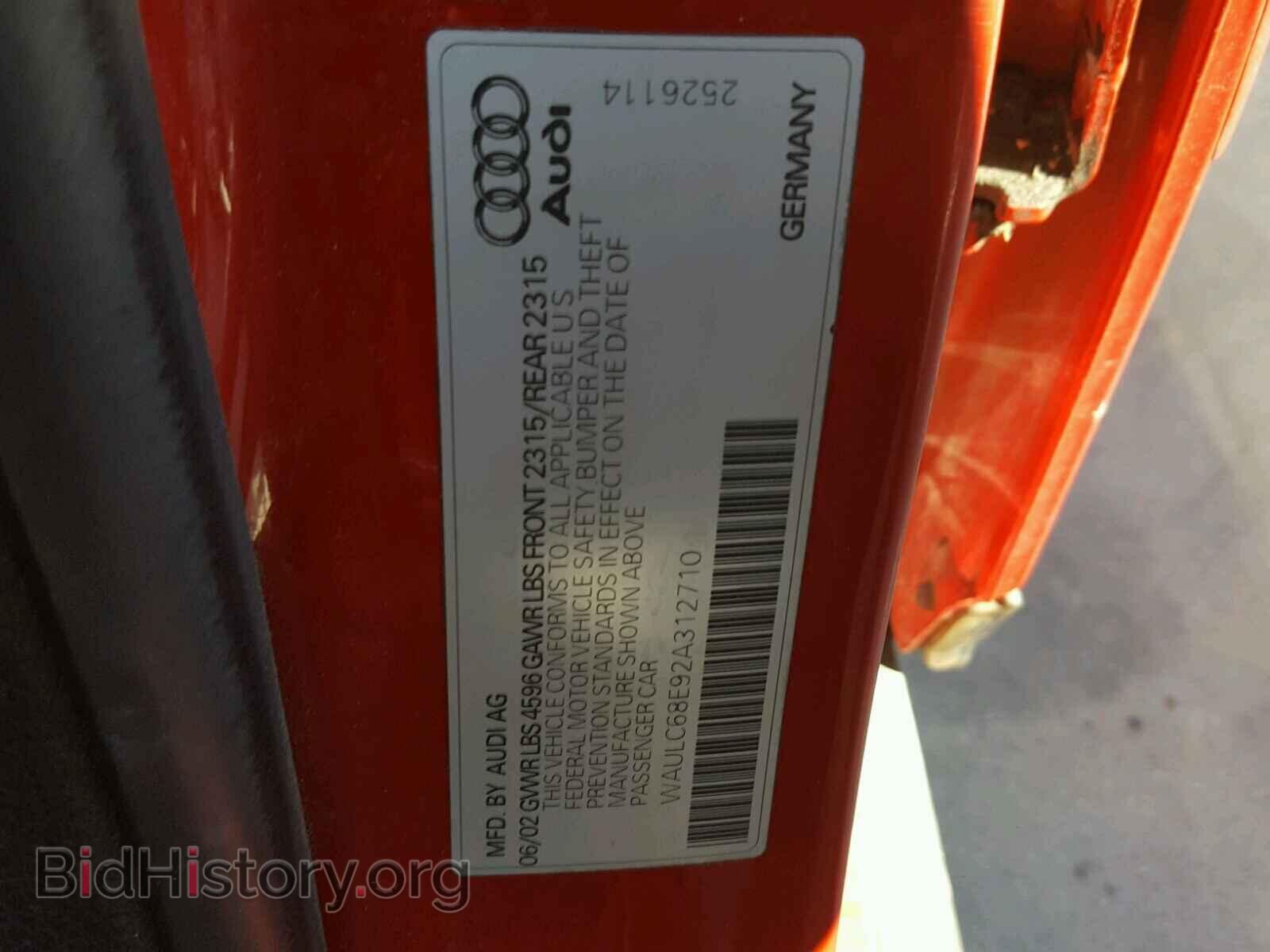 2002 AUDI A4 - VIN: WAULC68E92A312710 - Фото 10