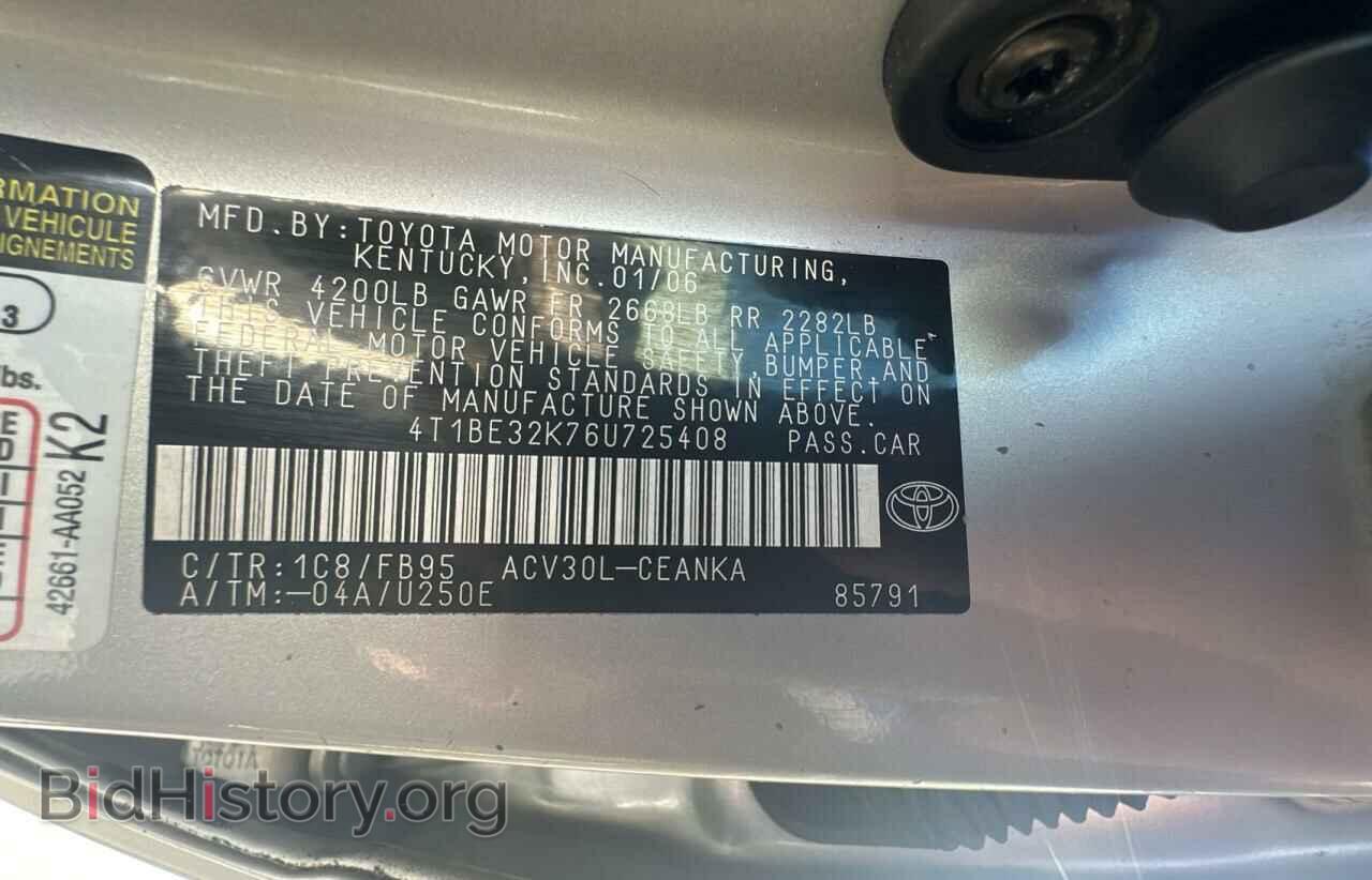 2006 TOYOTA CAMRY - VIN: 4T1BE32K76U725408 - Фото 10