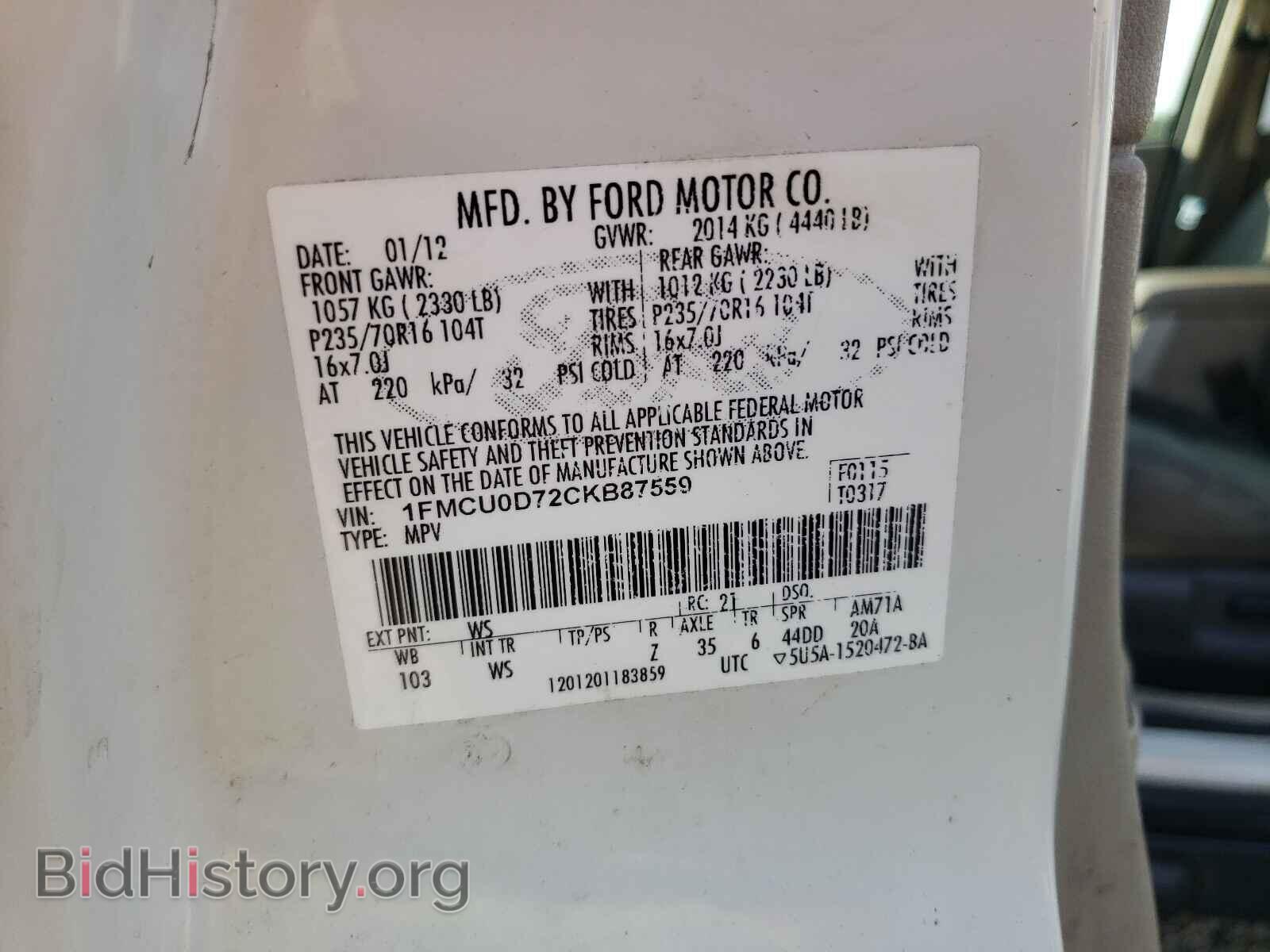 2012 FORD ESCAPE - VIN: 1FMCU0D72CKB87559 - Фото 10