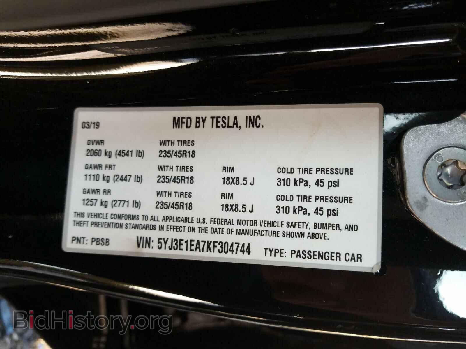 2019 TESLA MODEL 3 - VIN: 5YJ3E1EA7KF304744 - Фото 10