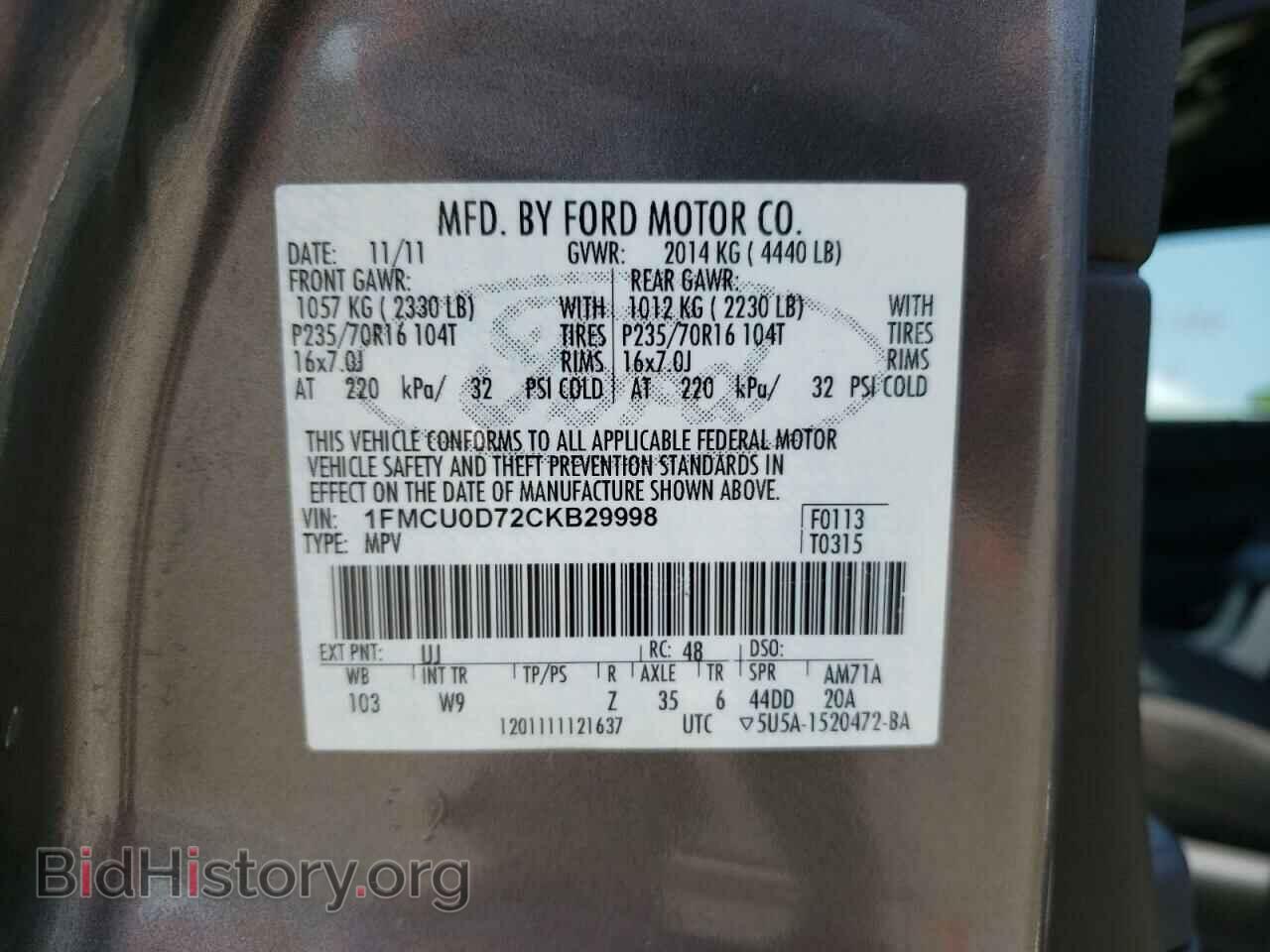 2012 FORD ESCAPE - VIN: 1FMCU0D72CKB29998 - Фото 10