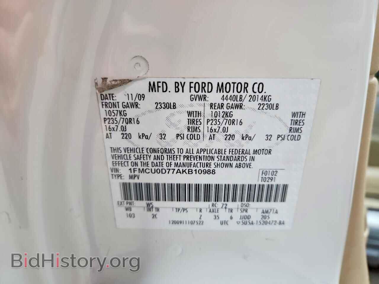 2010 FORD ESCAPE - VIN: 1FMCU0D77AKB10988 - Фото 13