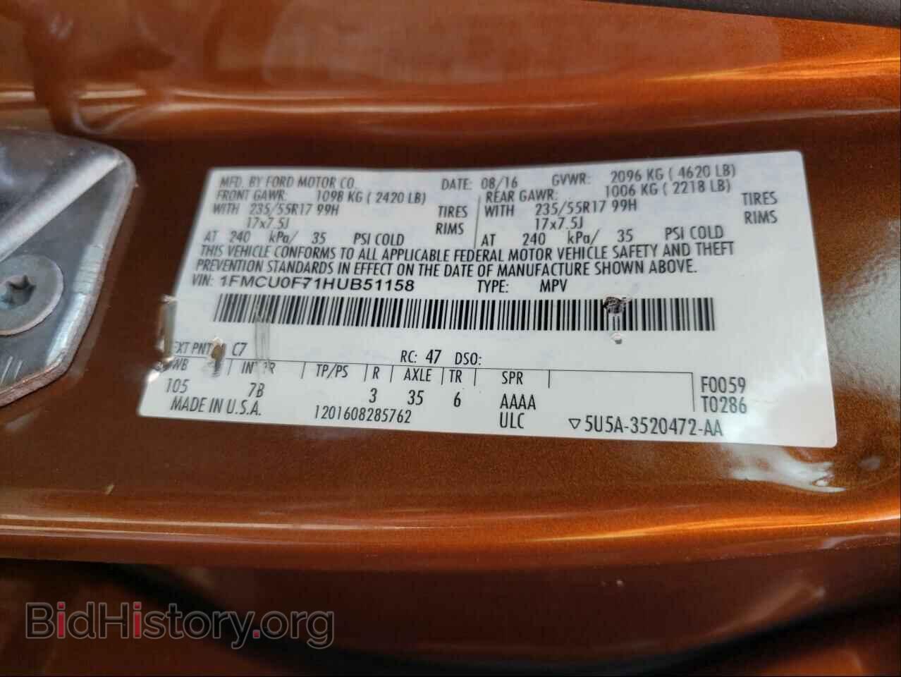 2017 FORD ESCAPE - VIN: 1FMCU0F71HUB51158 - Фото 10