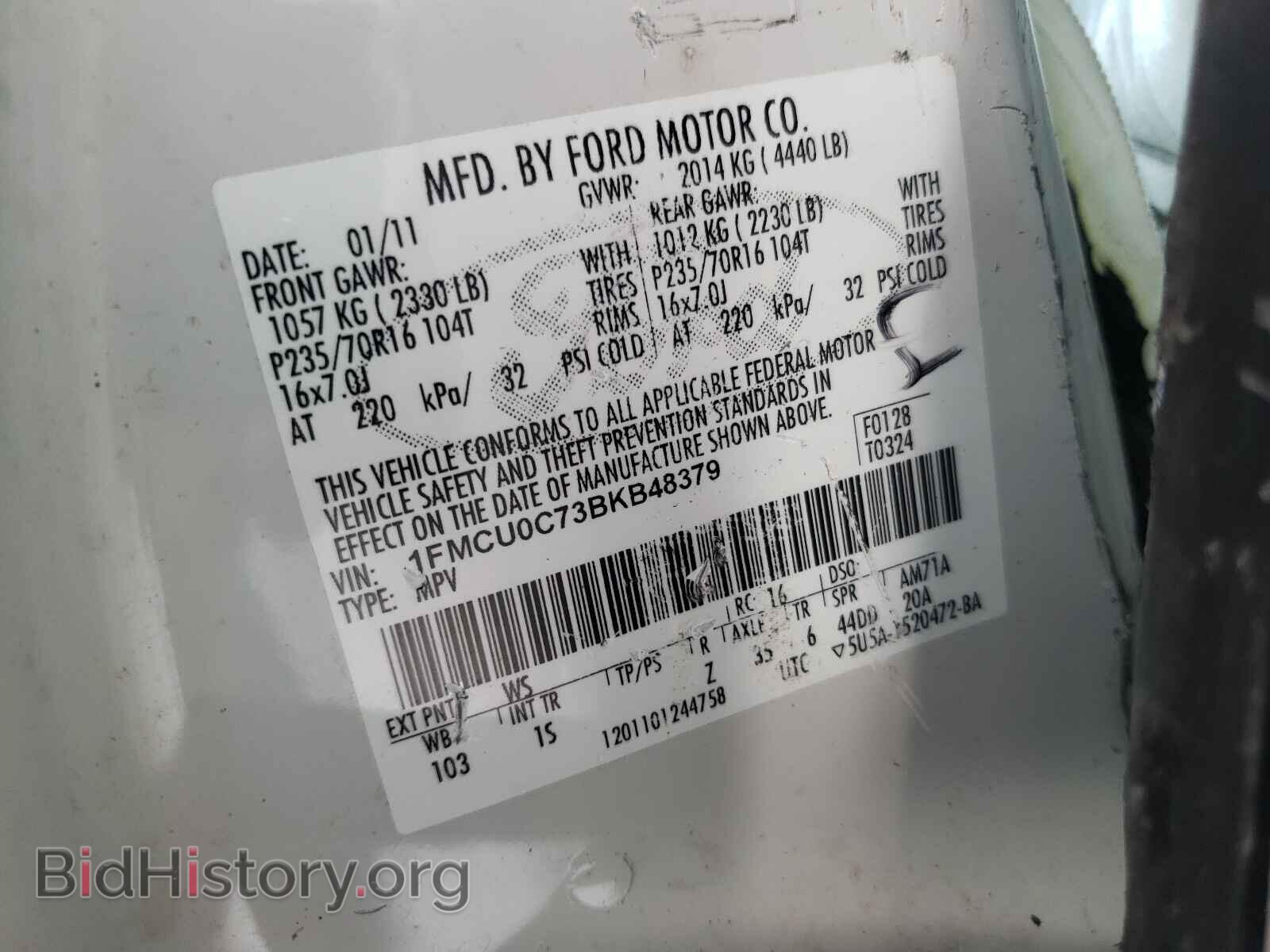 2011 FORD ESCAPE - VIN: 1FMCU0C73BKB48379 - Фото 10