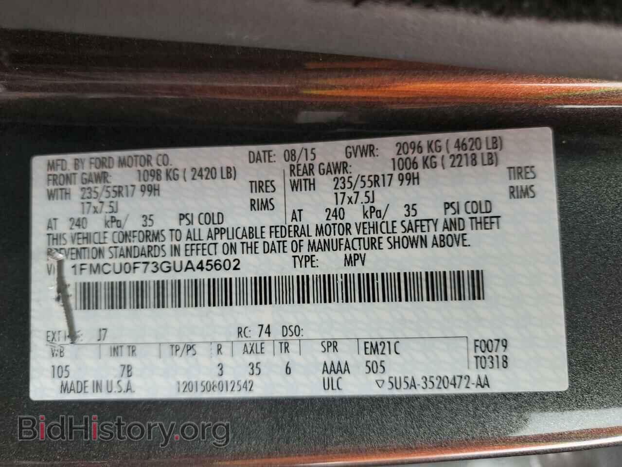 2016 FORD ESCAPE - VIN: 1FMCU0F73GUA45602 - Фото 12