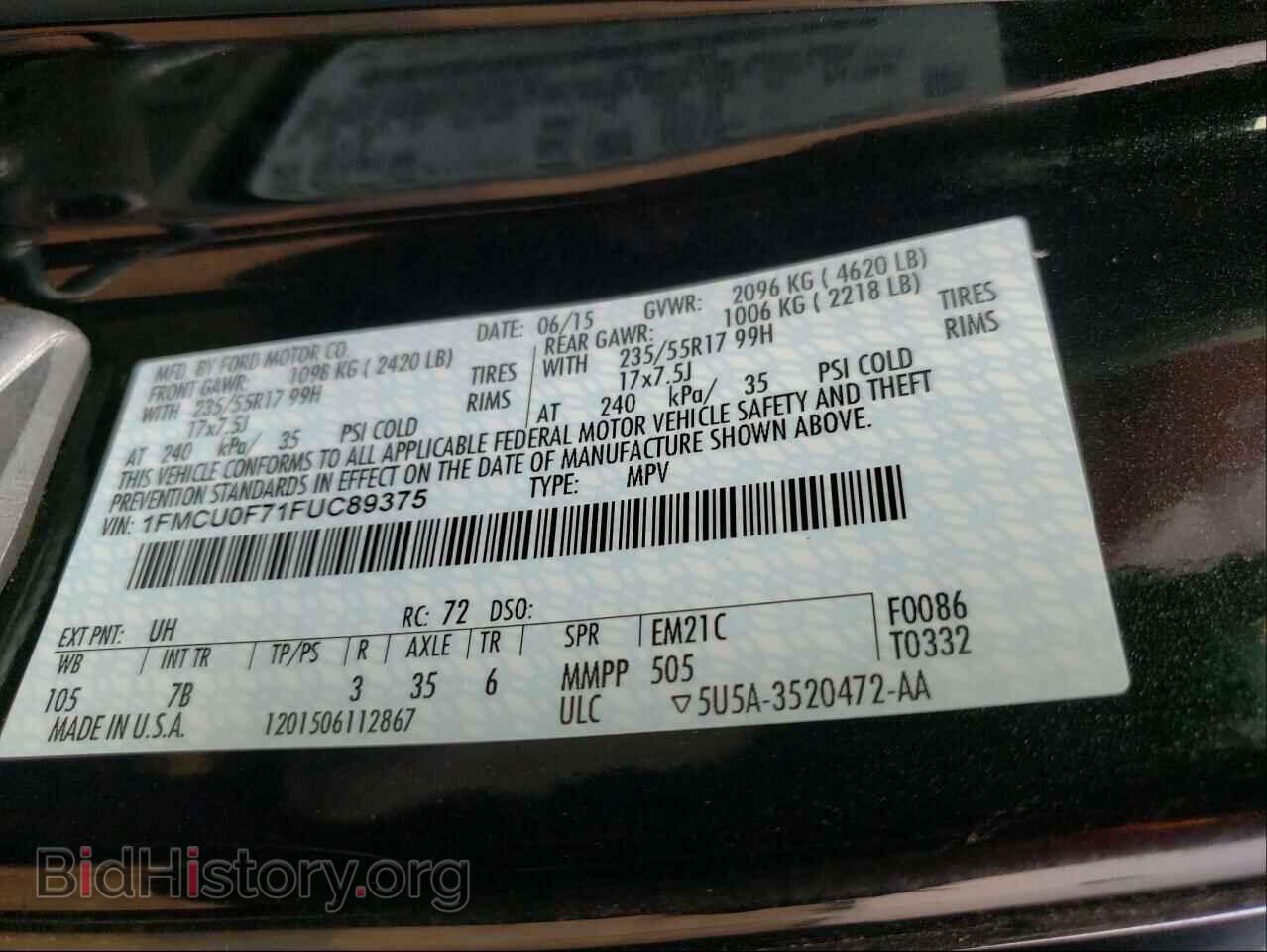 2015 FORD ESCAPE - VIN: 1FMCU0F71FUC89375 - Photo 10