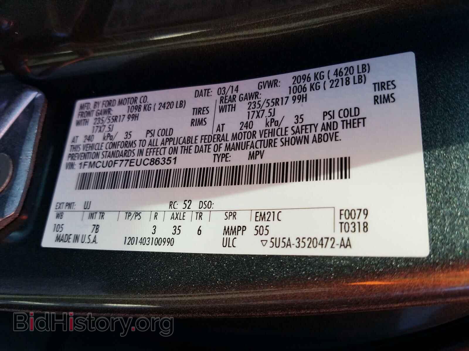 2014 FORD ESCAPE - VIN: 1FMCU0F77EUC86351 - Фото 10