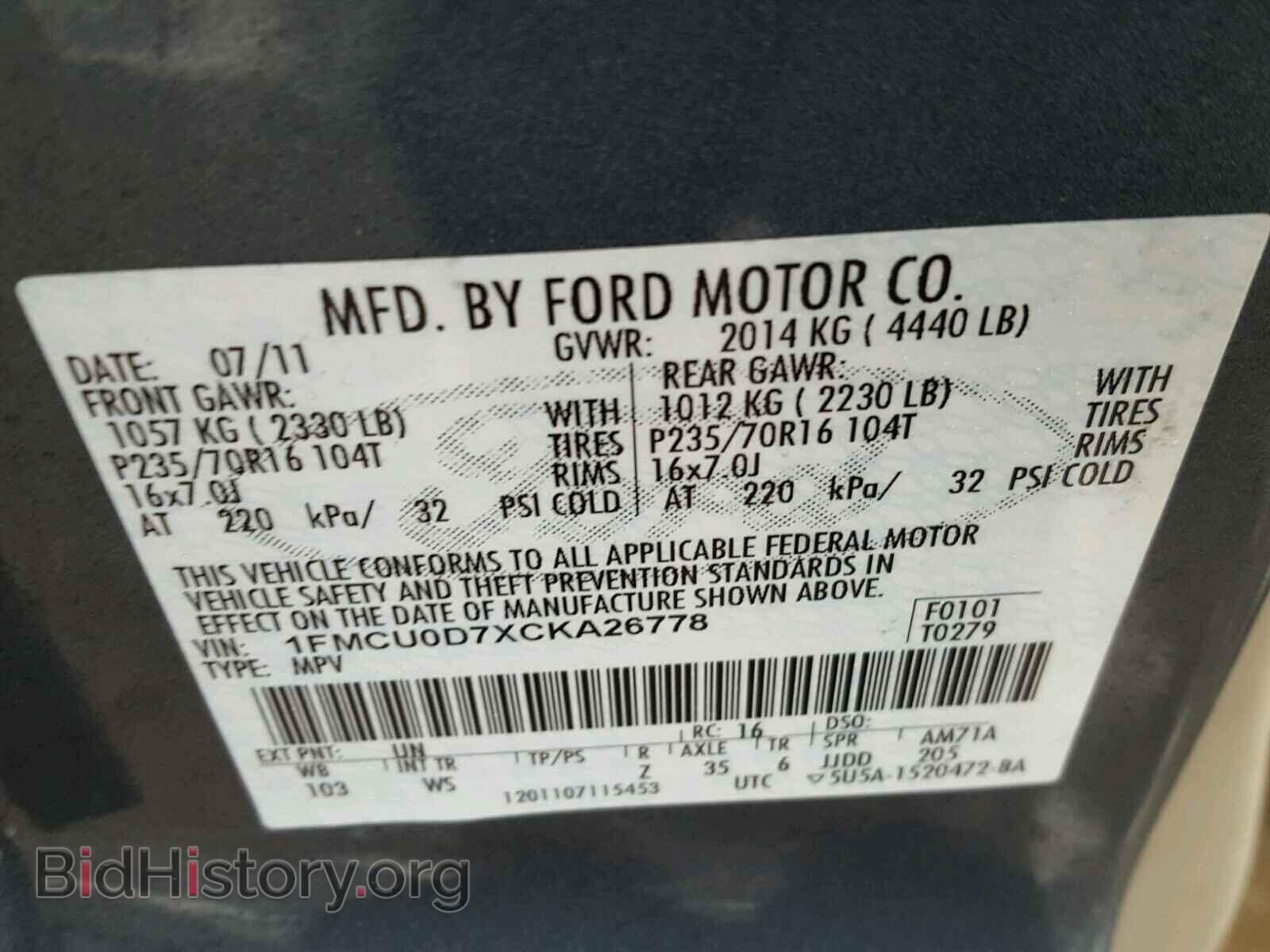 2012 FORD ESCAPE - VIN: 1FMCU0D7XCKA26778 - Фото 10