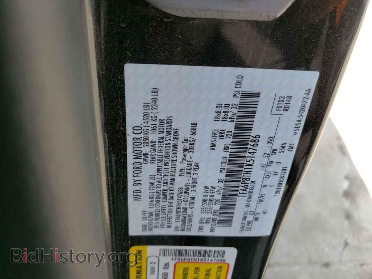 2019 FORD ALL Models - VIN: 1FA6P8TH1K5147686 - Фото 12