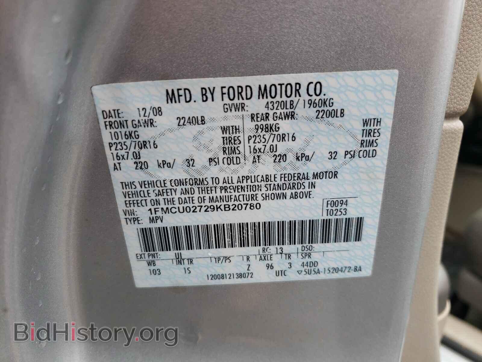 2009 FORD ESCAPE - VIN: 1FMCU02729KB20780 - Фото 10
