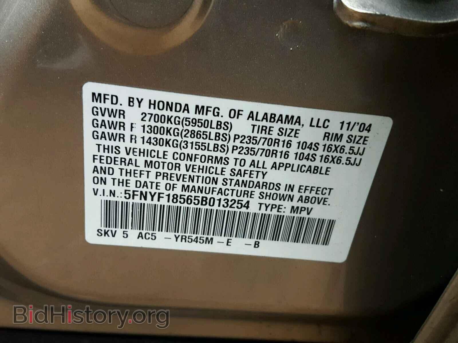 2005 HONDA PILOT - VIN: 5FNYF18565B013254 - Фото 10